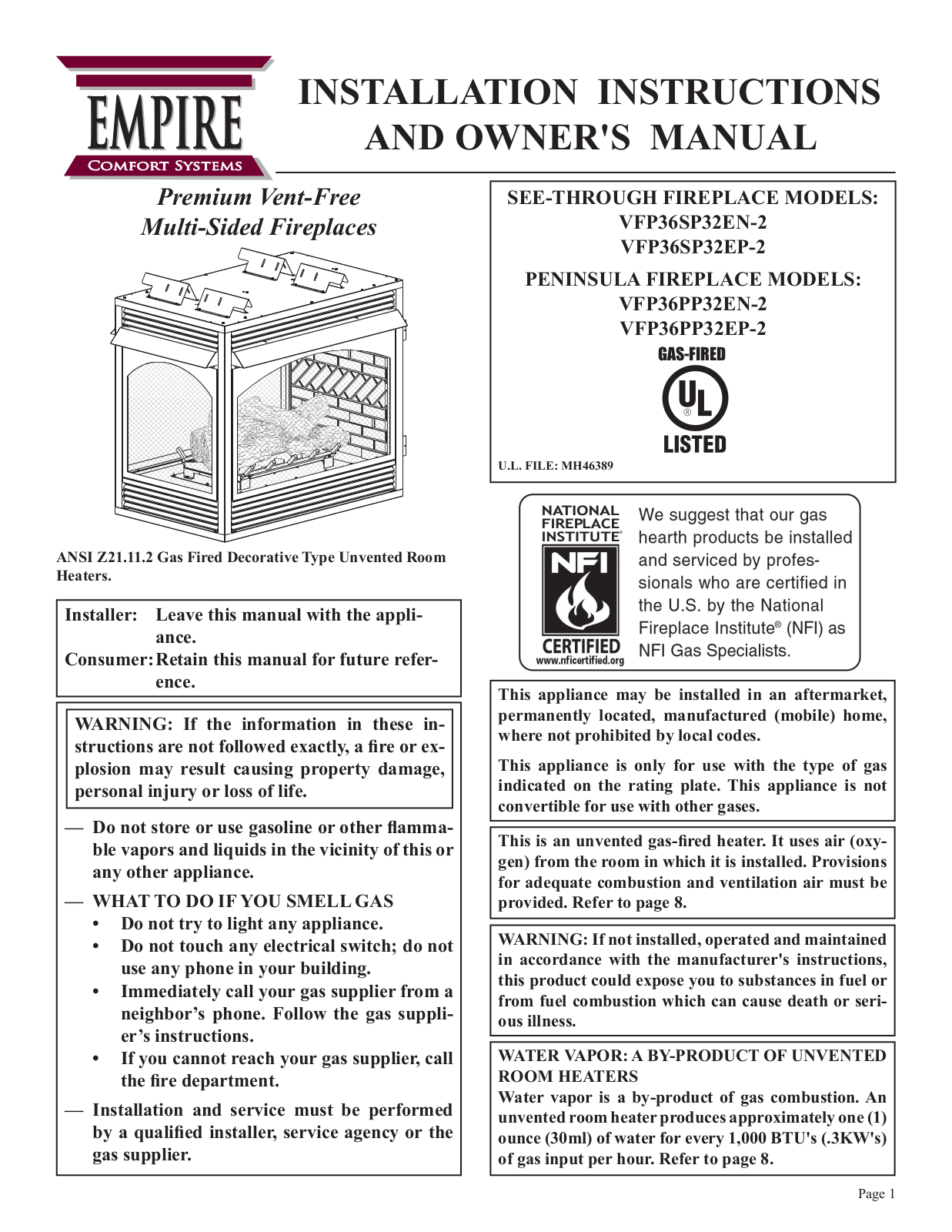 Empire Comfort Systems VFP36SP32EN-2, VFP36PP32EP-2, VFP36SP32EP-2, VFP36PP32EN-2 User Manual