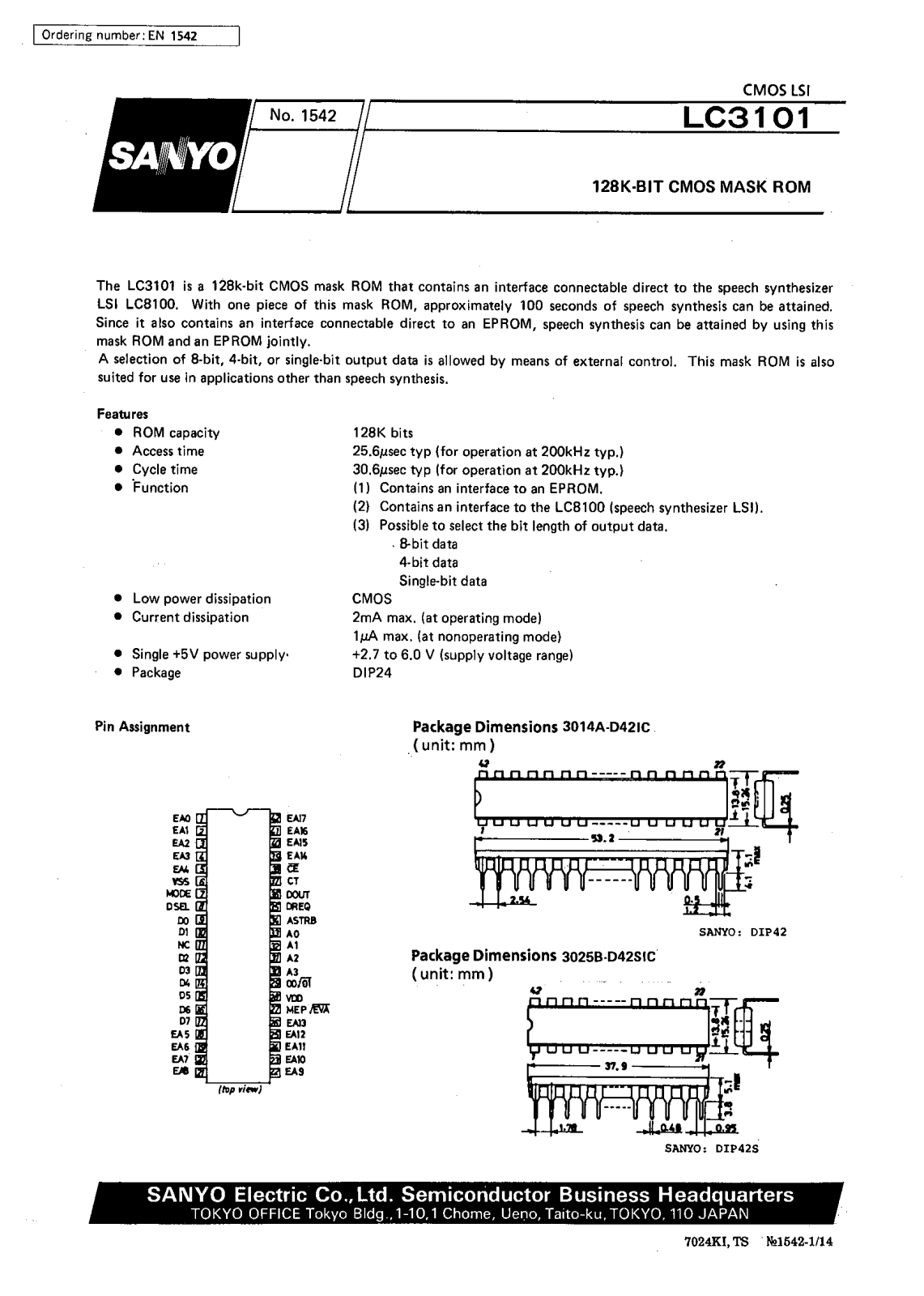 SANYO LC3101 Datasheet