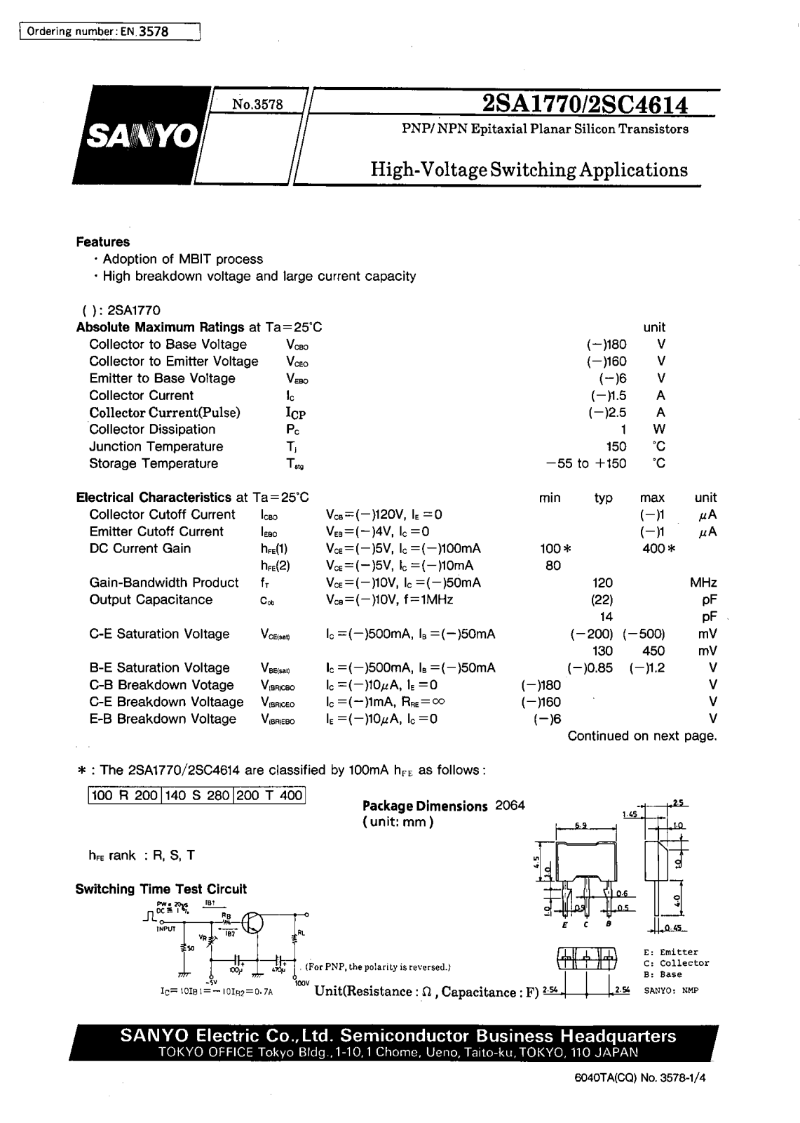 SANYO 2SC4614, 2SA1770 Datasheet