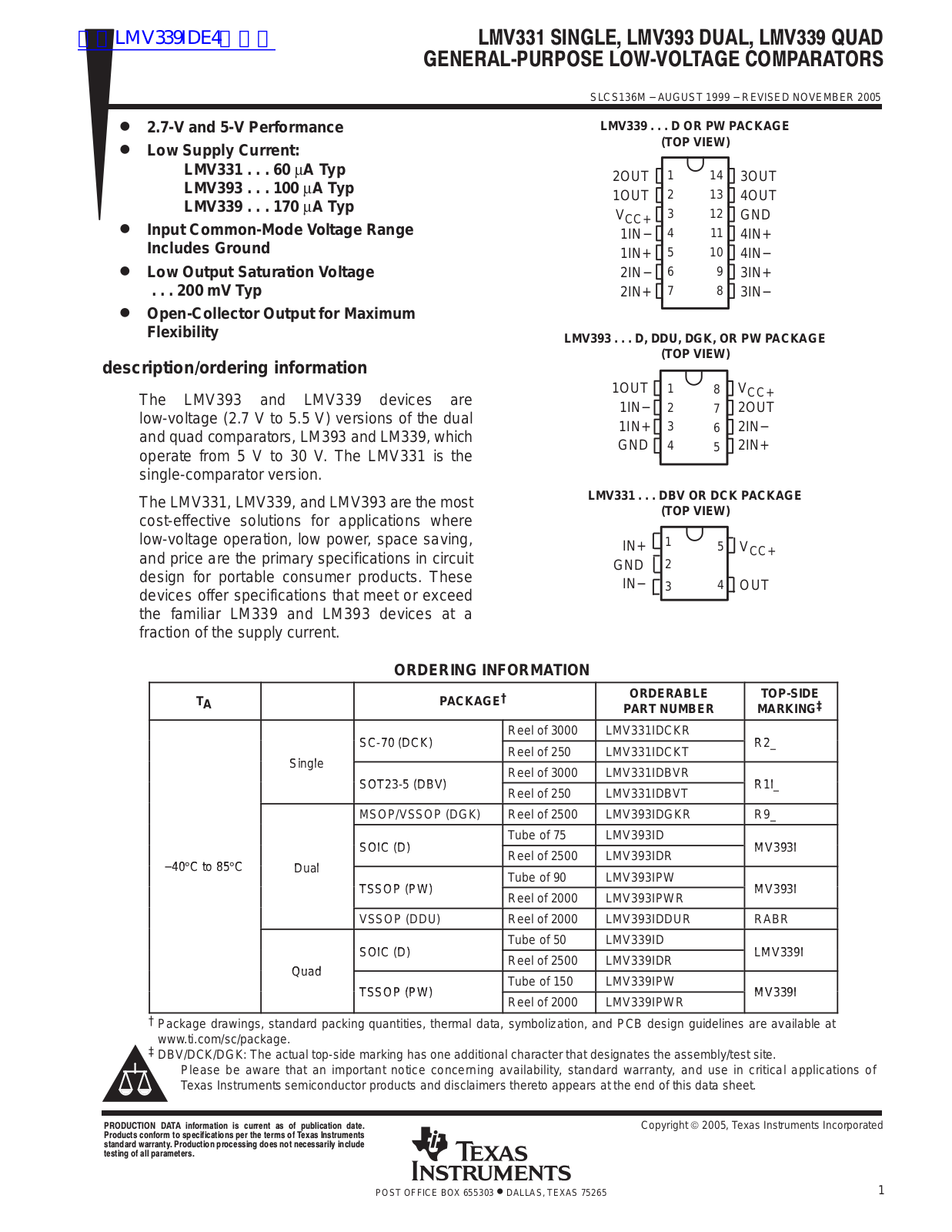 TEXAS INSTRUMENTS LMV331 Technical data