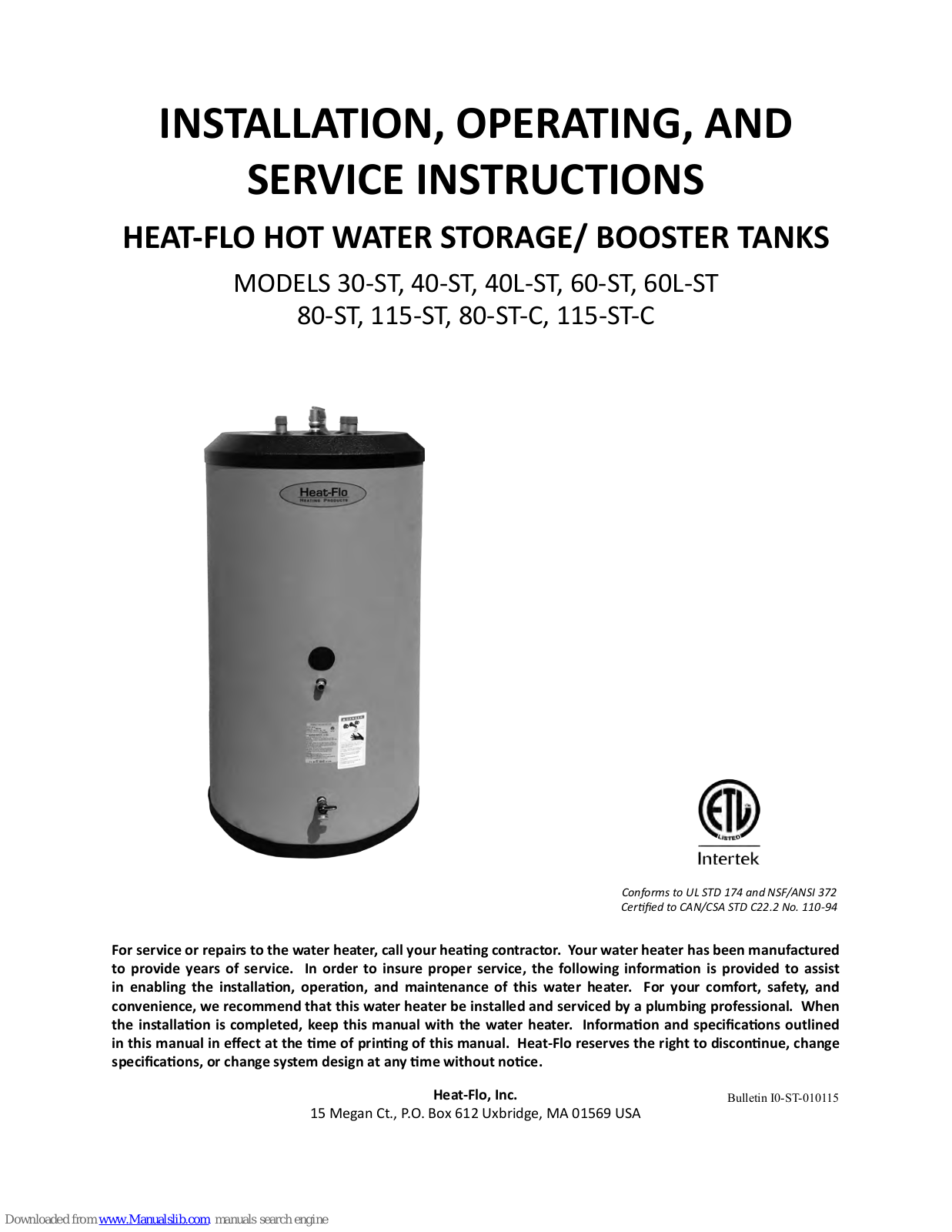 Heat-Flo 115-ST-C, 80-ST-C, 115-ST, 80-ST, 60L-ST Installation, Operating And Service Manual - ManualMachine.com