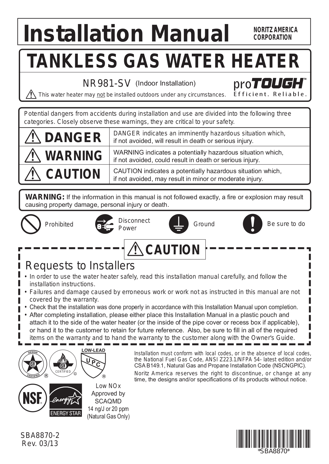 Noritz NR981-SV Installation  Manual