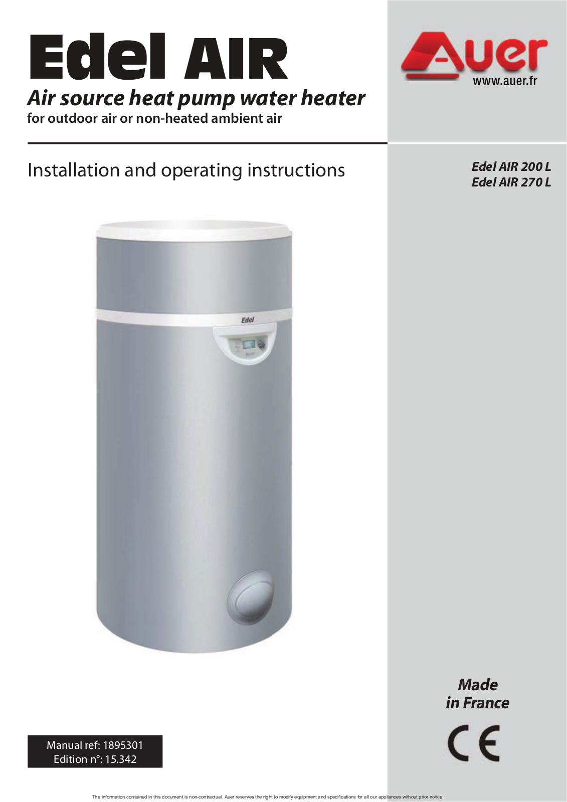 auer Edel AIR 200 L, Edel AIR 270 L Installation And Operating Instructions Manual