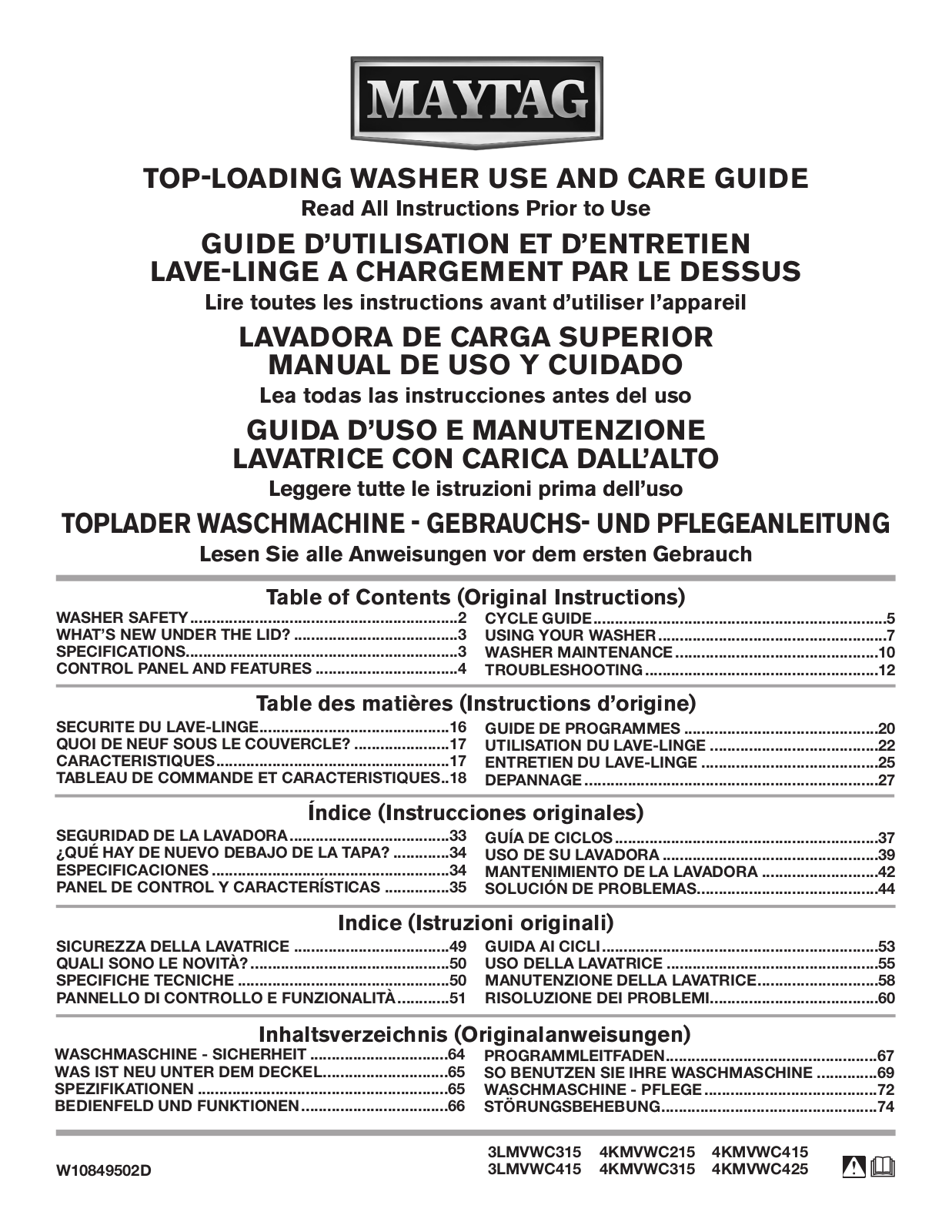 Maytag 4KMVWC315FW, 4KMVWC215FW, 3LMVWC415FW, 4KMVWC415FW, 4KMVWC425FW Owner's Manual