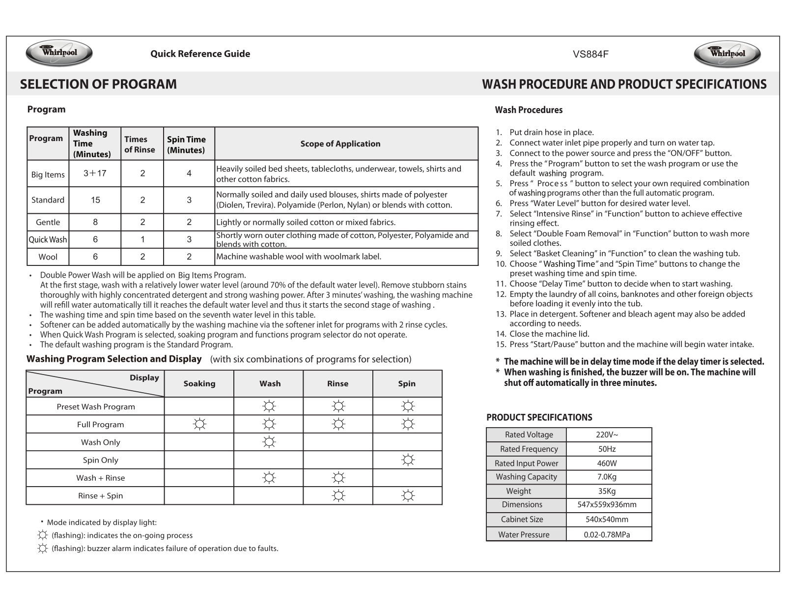 Whirlpool VS884F User Manual