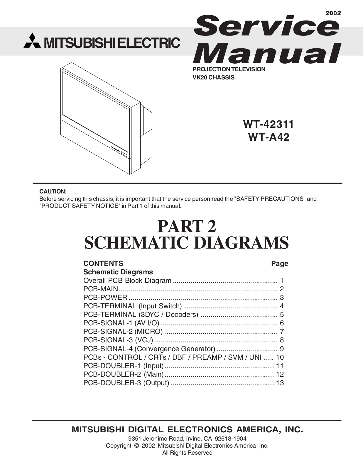 Mitsubishi WT-A42, WT-42311, VK20 Service Manual