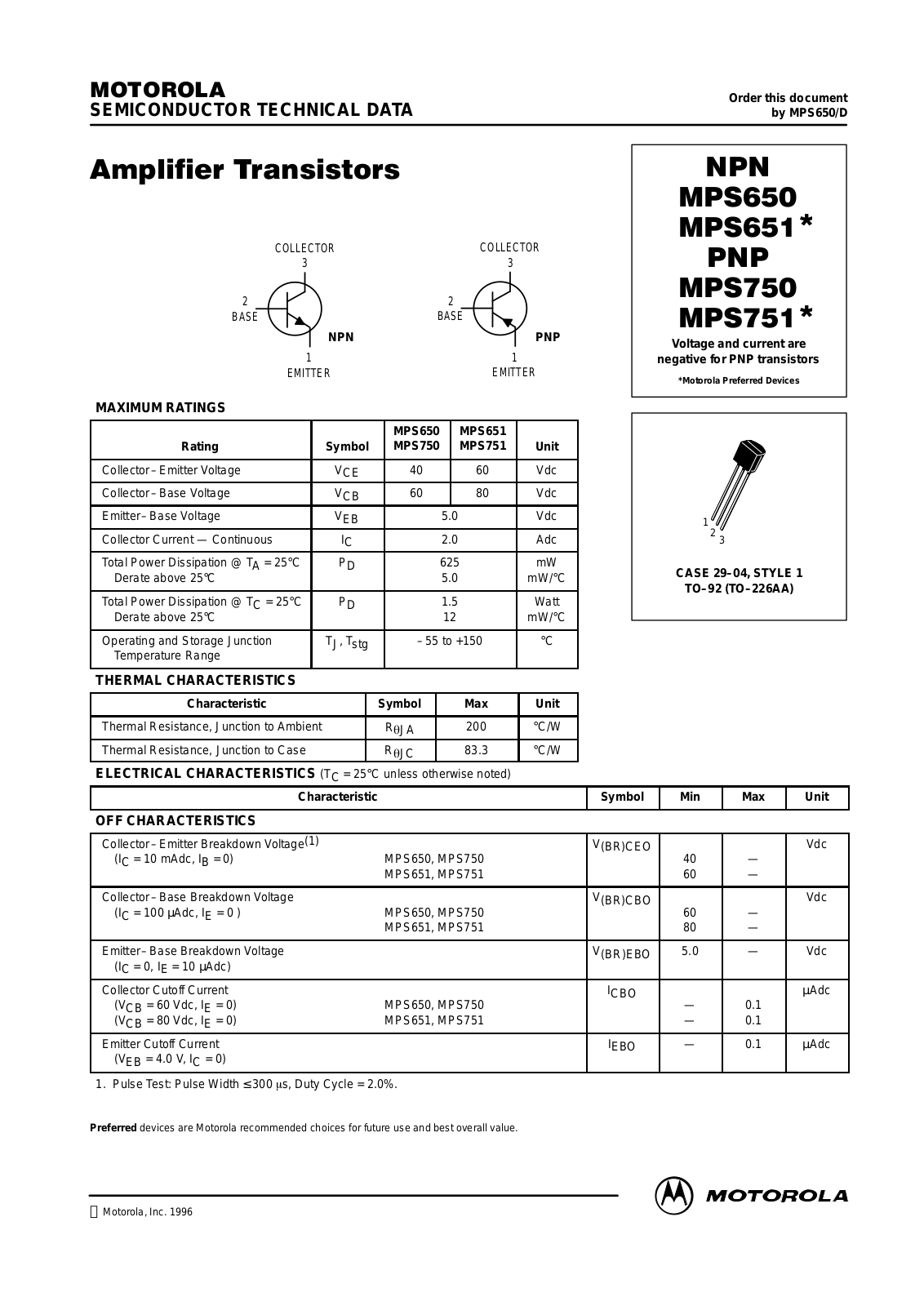 MOTOROLA MPS751RLRP, MPS751ZL1, MPS751, MPS750RLRA, MPS750RLRP Datasheet