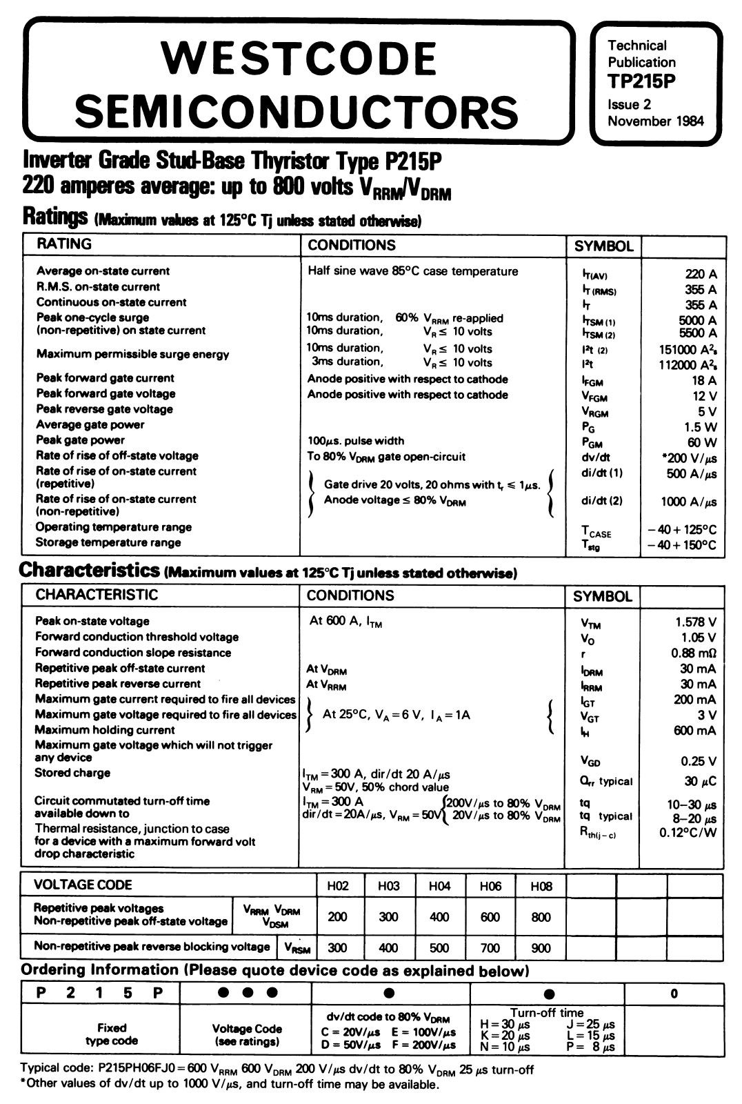 Westcode Semiconductors P215P Data Sheet