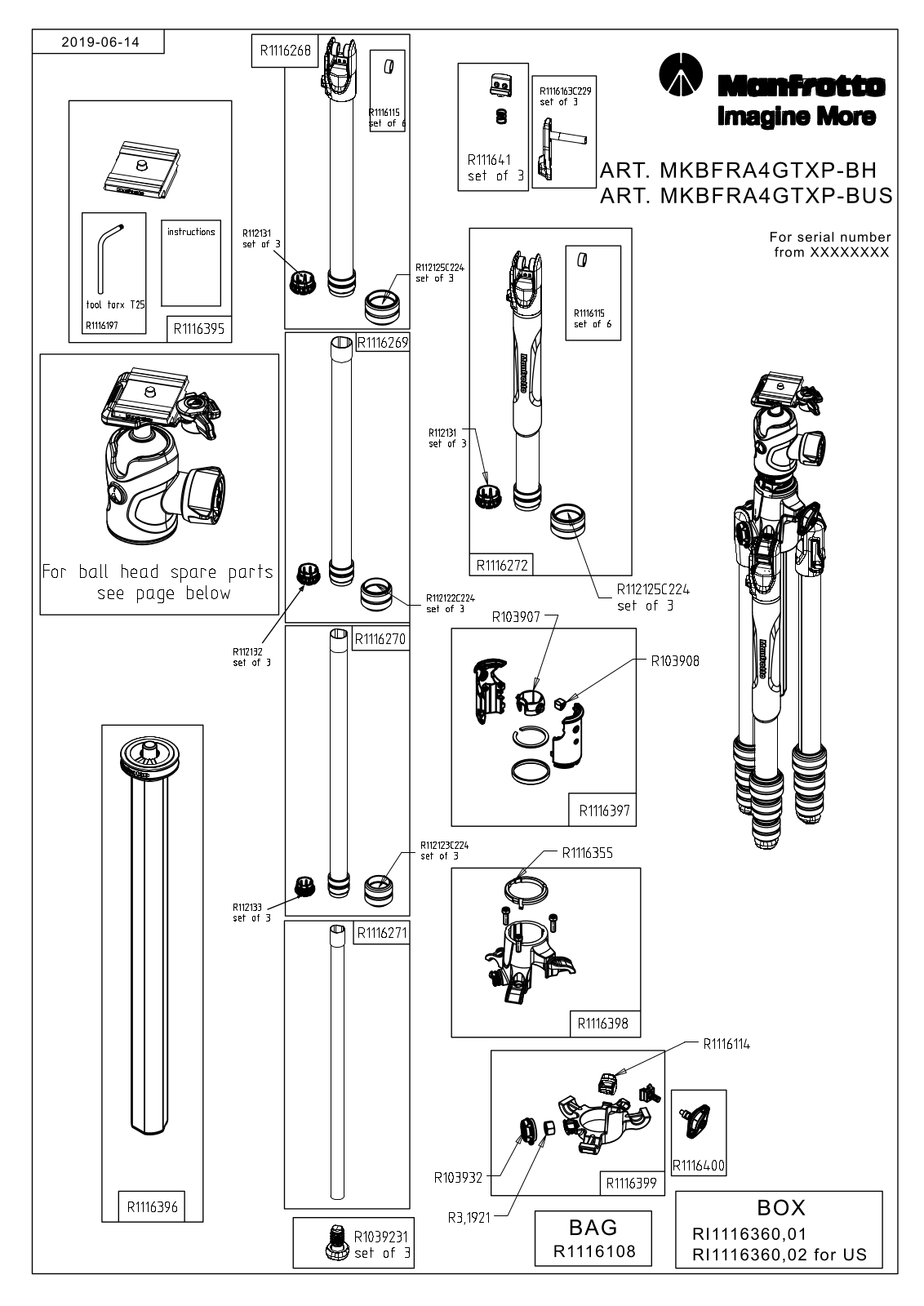 Manfrotto MKBFRA4GTXP-BH, MKBFRA4GTXP-BUS Spare Parts Sheet