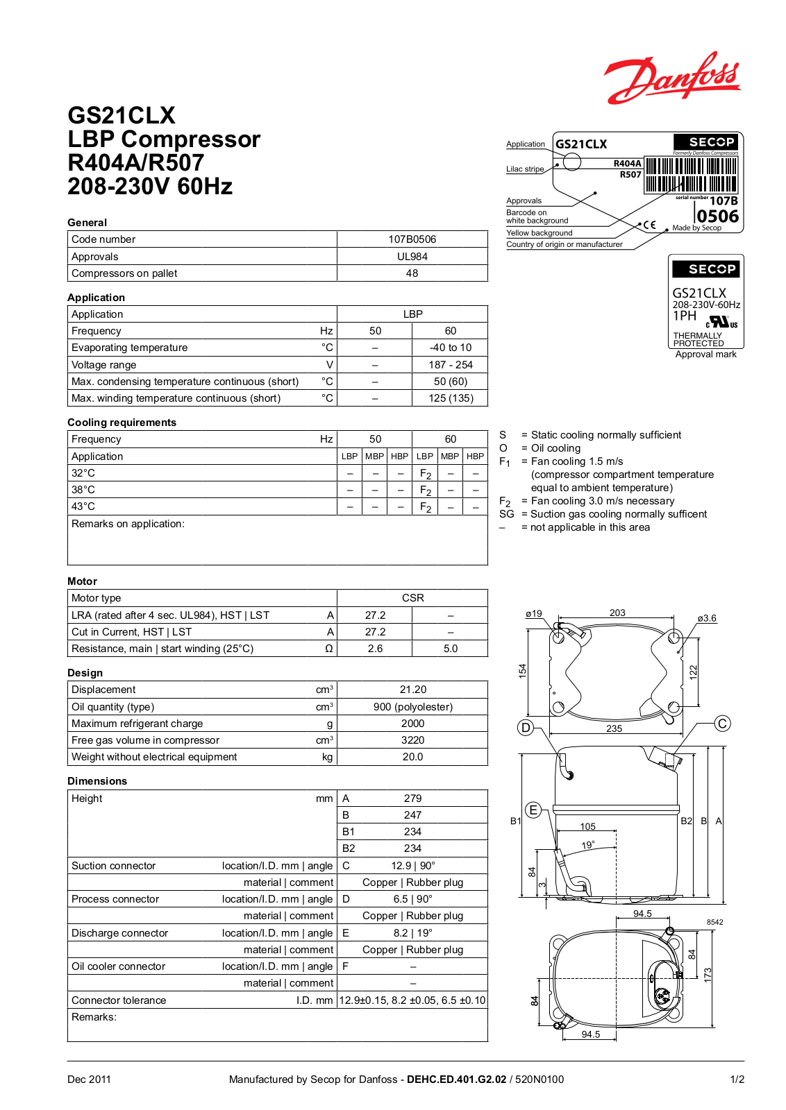 Danfoss GS21CLX LBP Data sheet