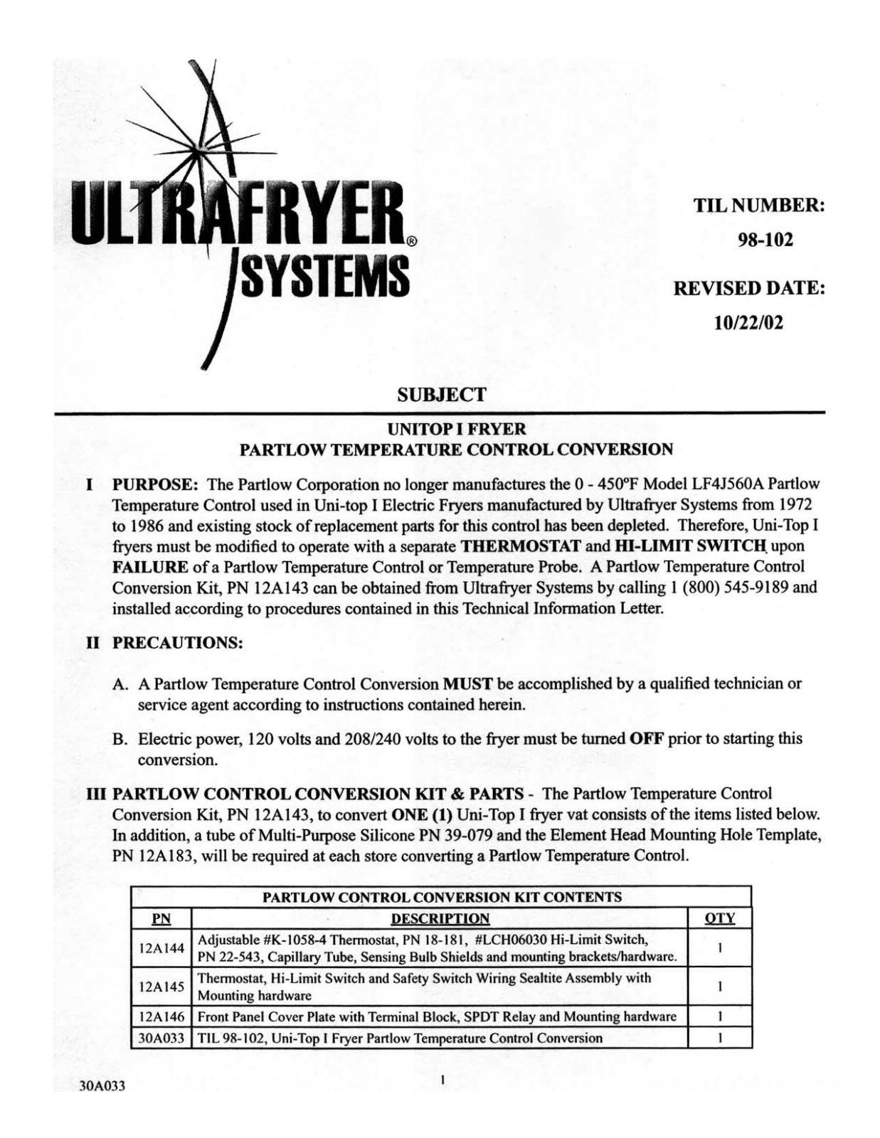 Ultrafryer UNITOP1 Service Manual