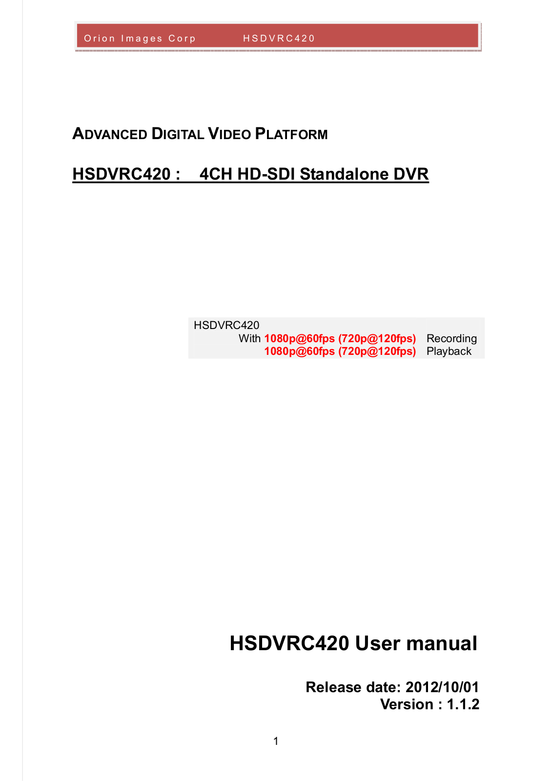 Orion HSDVRC420 User Manual