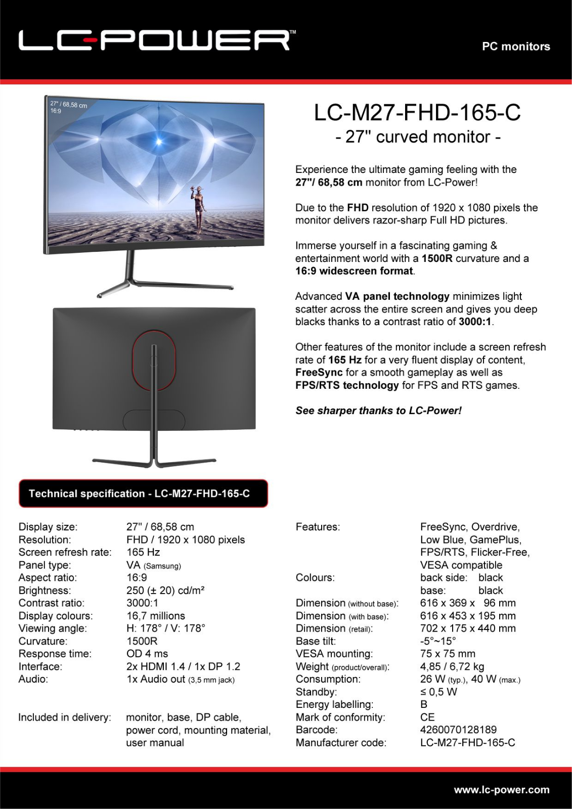 LC-Power LC-M27-FHD-165-C Technical data