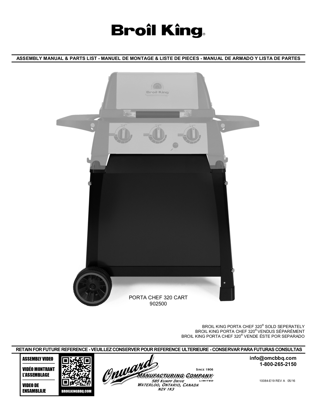 Broil King PORTA CHEF 320 CART, 902500 ASSEMBLY MANUAL & PARTS LIST