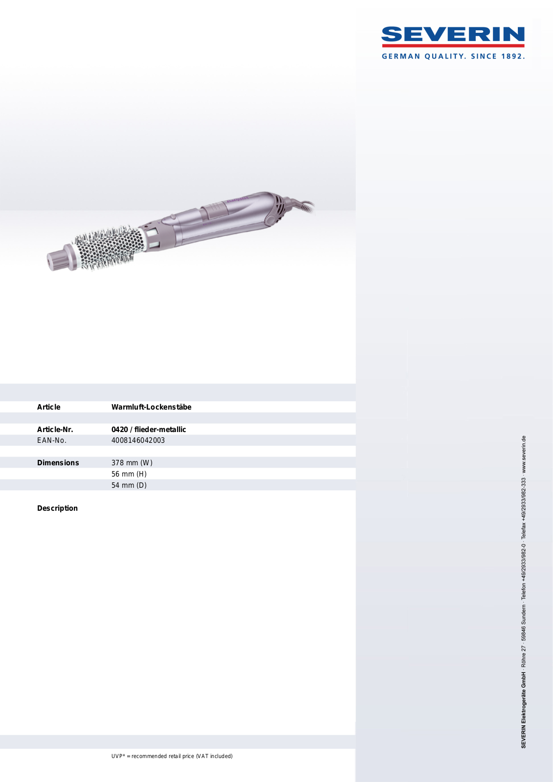 Severin PRESTIGE PRO STYLE 1000 0420 User Manual