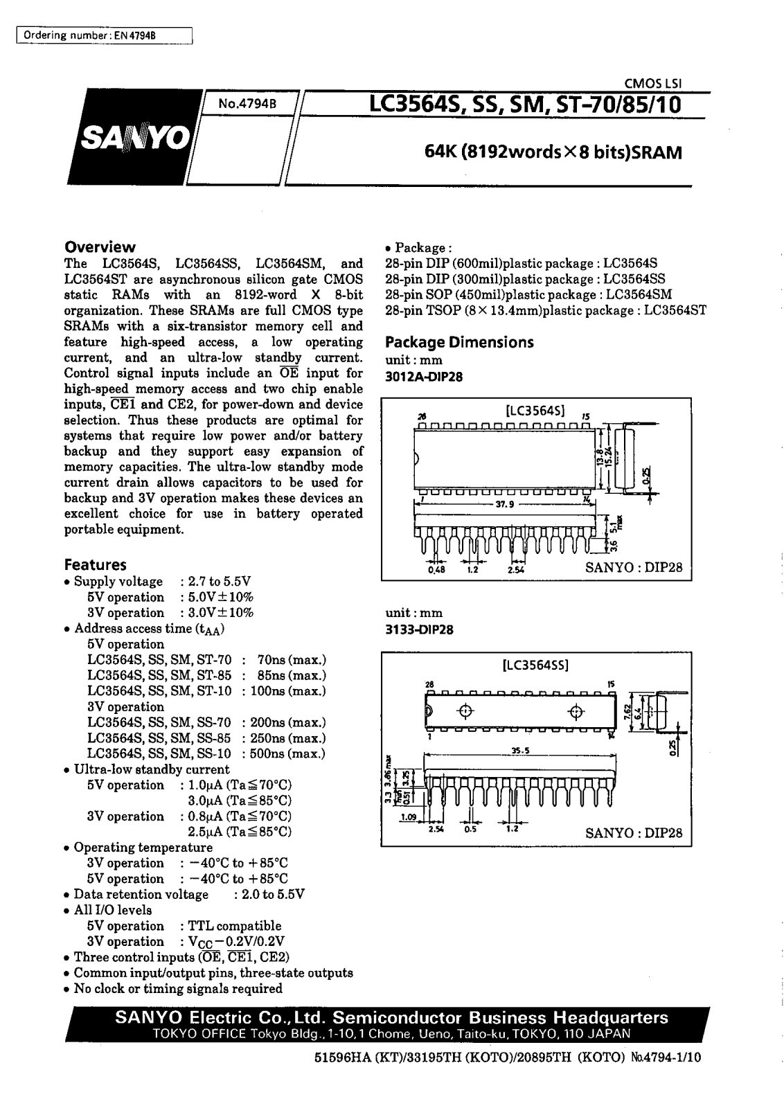 SANYO LC3564ST-85, LC3564ST-70, LC3564SS-85, LC3564SS-70, LC3564SS-10 Datasheet