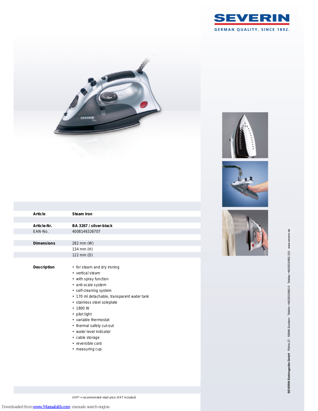 SEVERIN DAMPFBÜ, GELAUTOMAT BA 3267, BA 3267 Dimensions