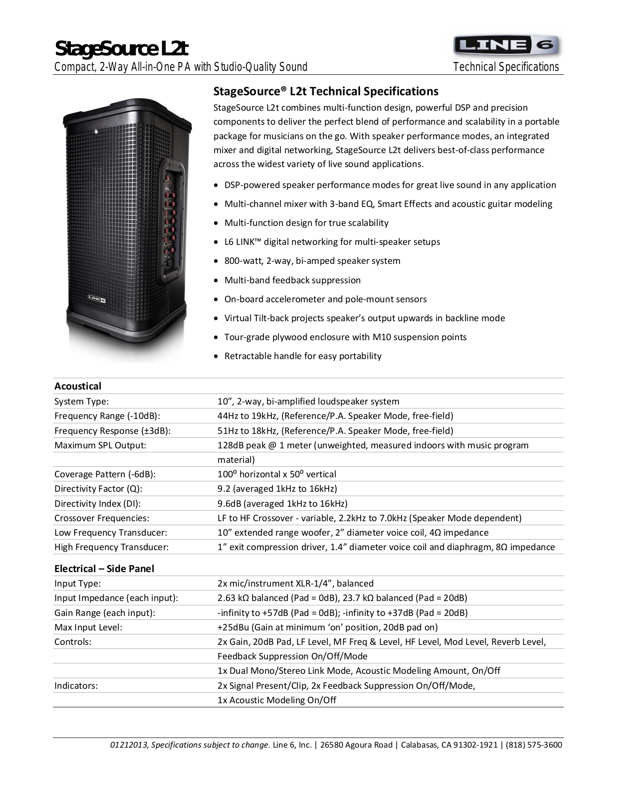 Line 6 StageSource L2t Specifications