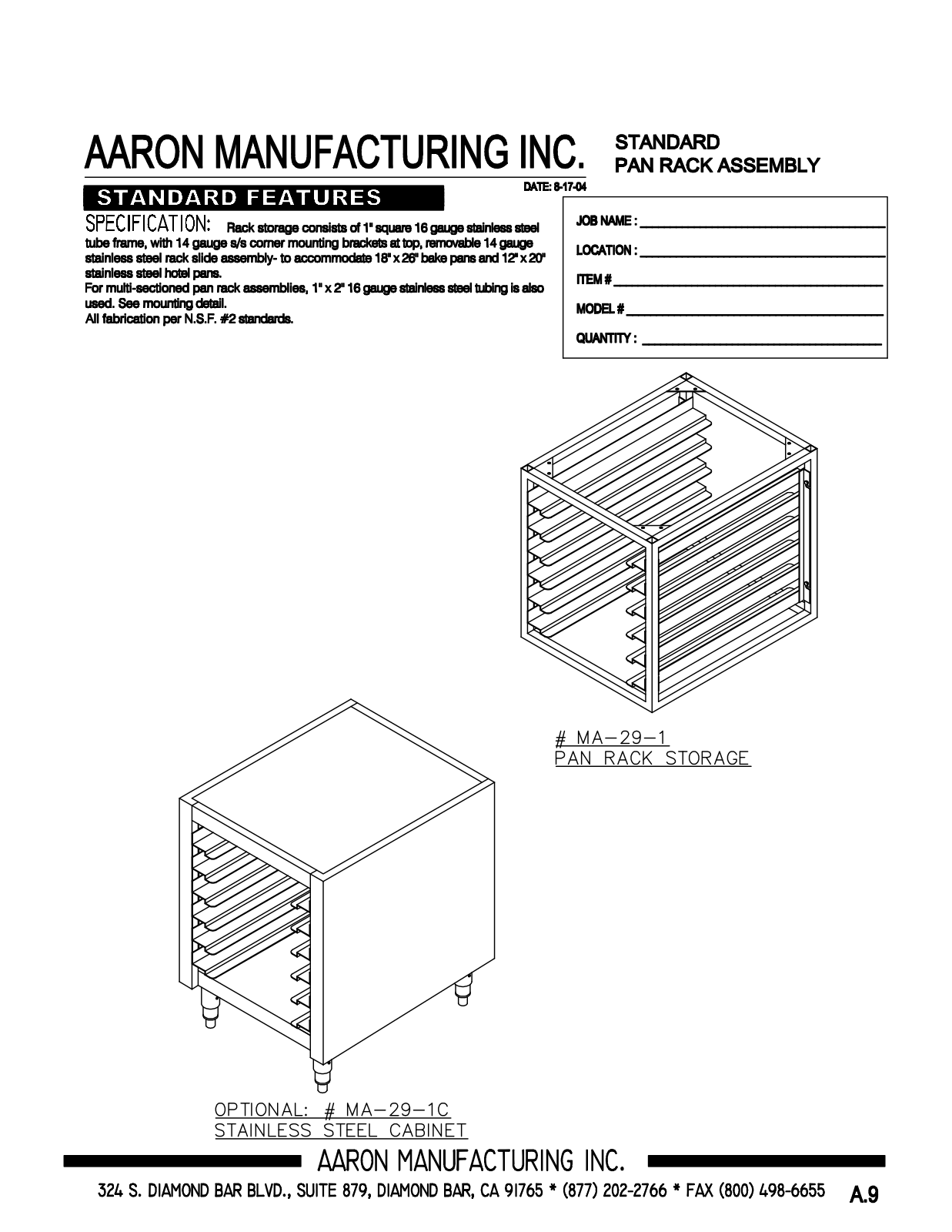 Aaron Manufacturing MA-29-1 User Manual