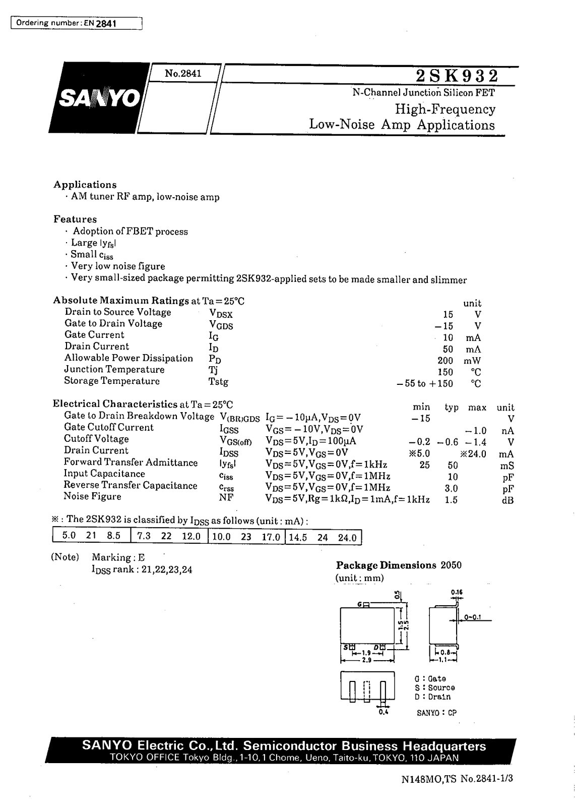 SANYO 2SK932 Datasheet