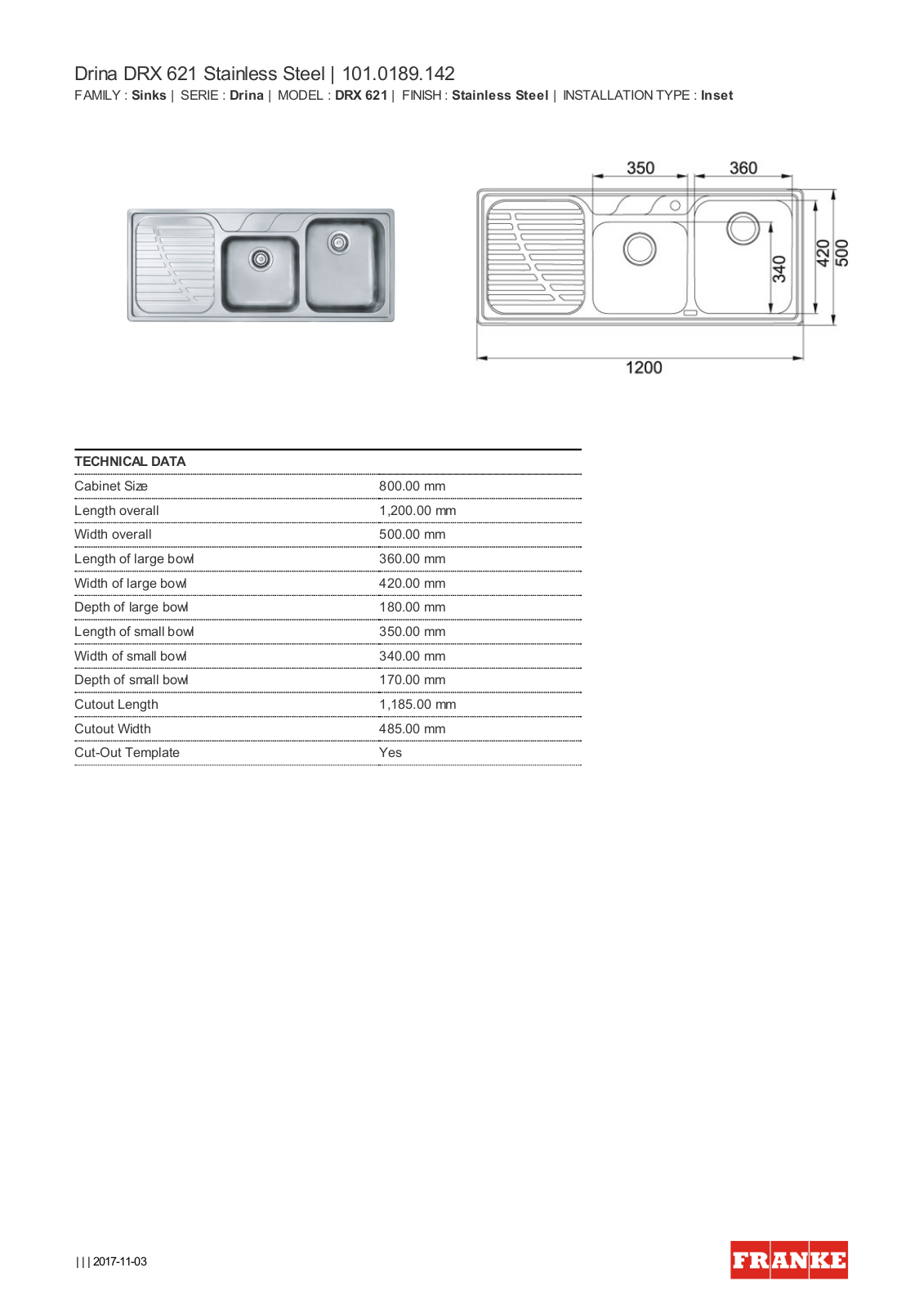 Franke DRX621LHDPACK, DRX621RHD Specifications Sheet