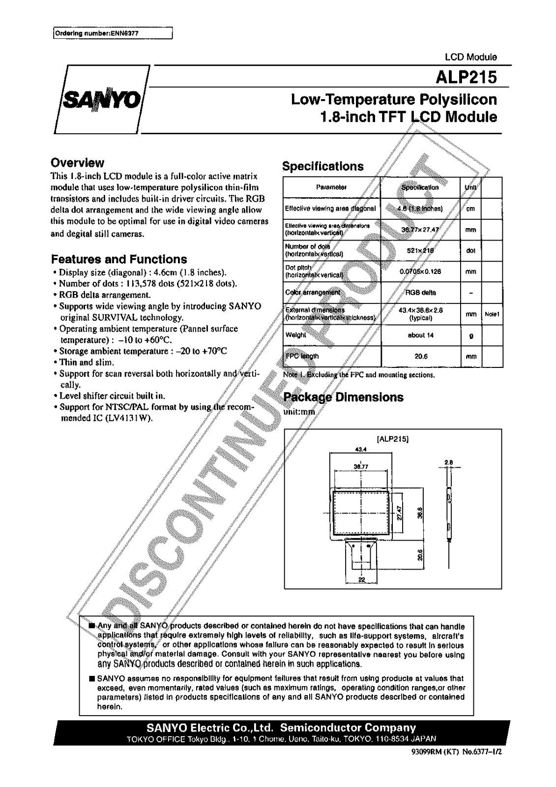 Sanyo ALP215 Specifications