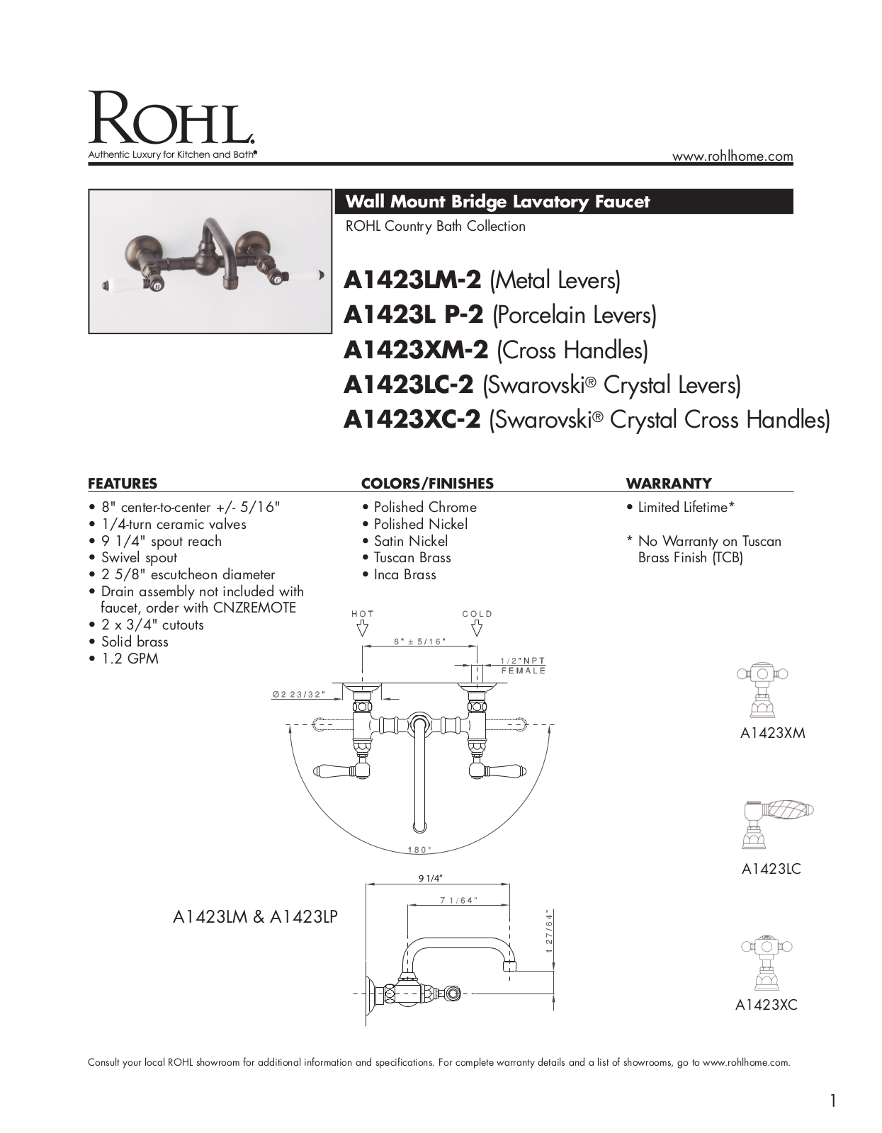 Rohl A1423XCTCB2, A1423LCTCB2, A1423LPTCB2, A1423XMTCB2, A1423LMTCB2 Specifications - ManualMachine.com