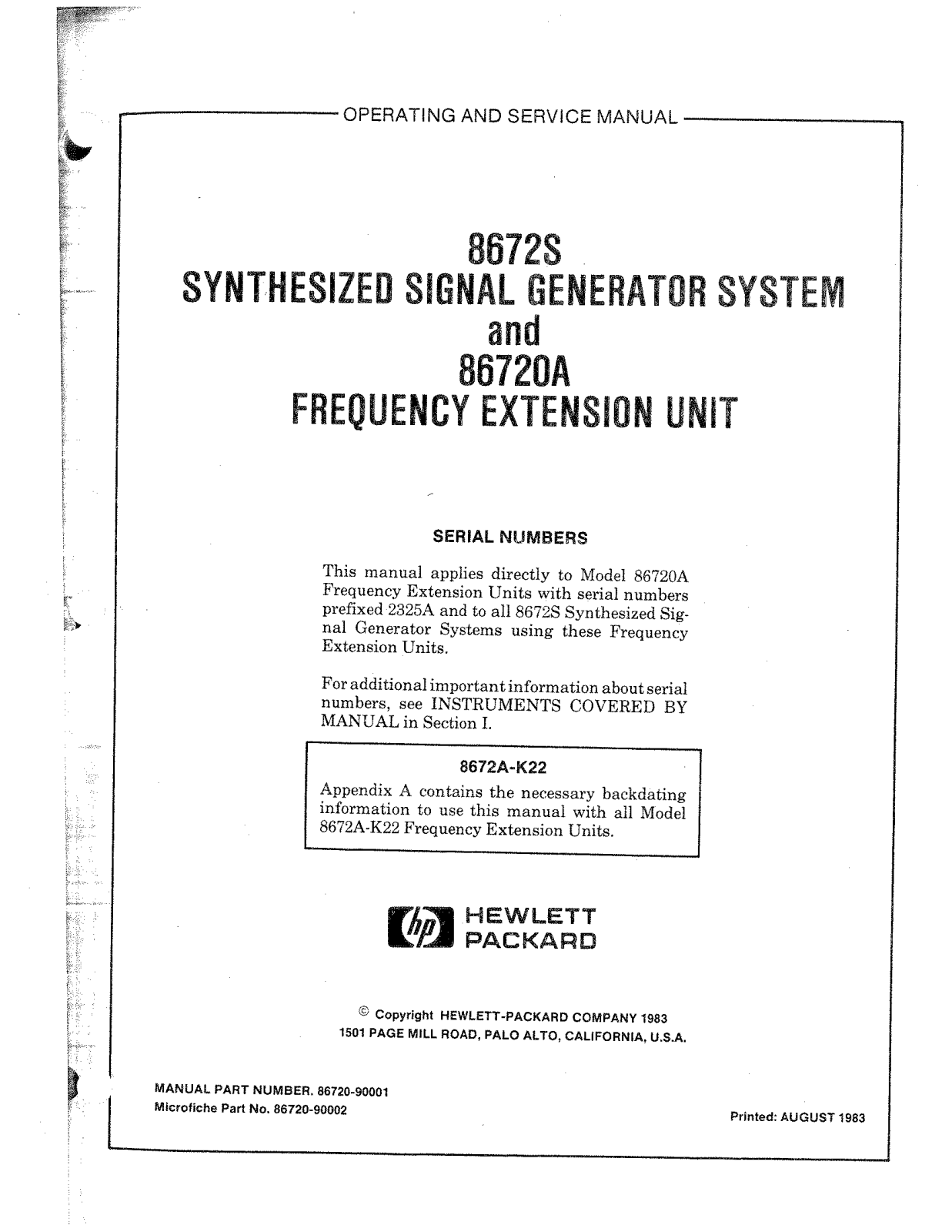 HP (Hewlett-Packard) 86720A, 8672S User Manual