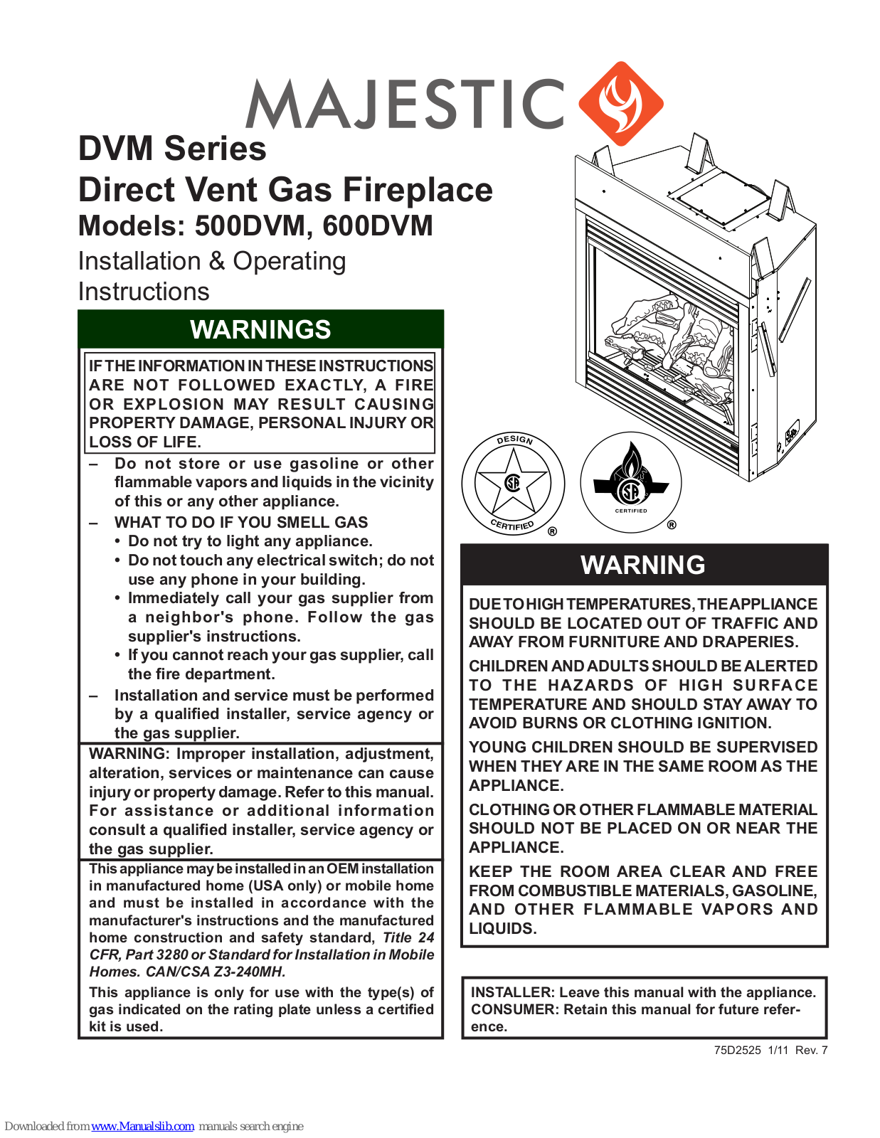 Majestic 500DVM, 600DVM, 500DVMNV, 500DVMPV, 500DVMPSC Operating Manual - ManualMachine.com