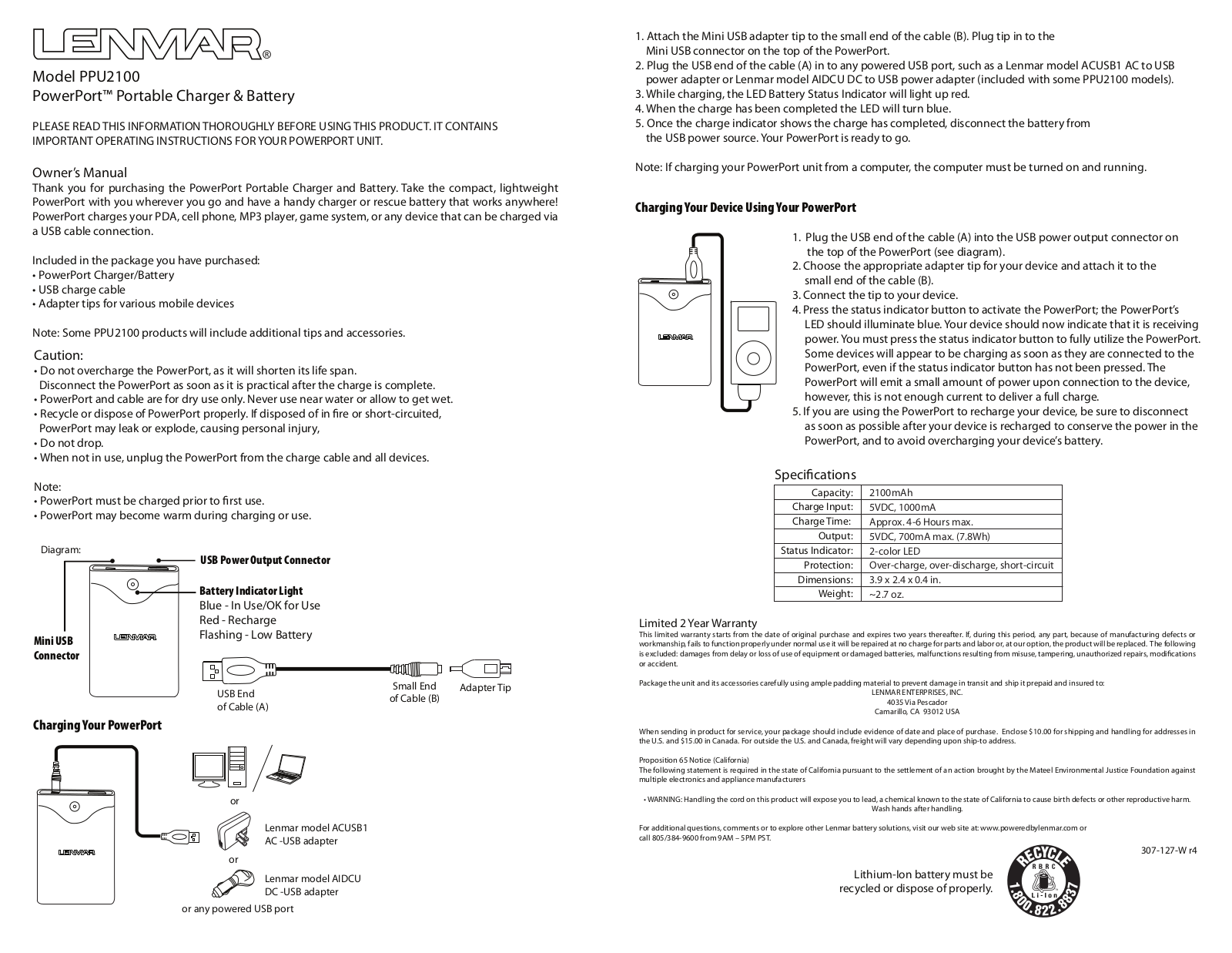 Lenmar PPU2100WB User Manual