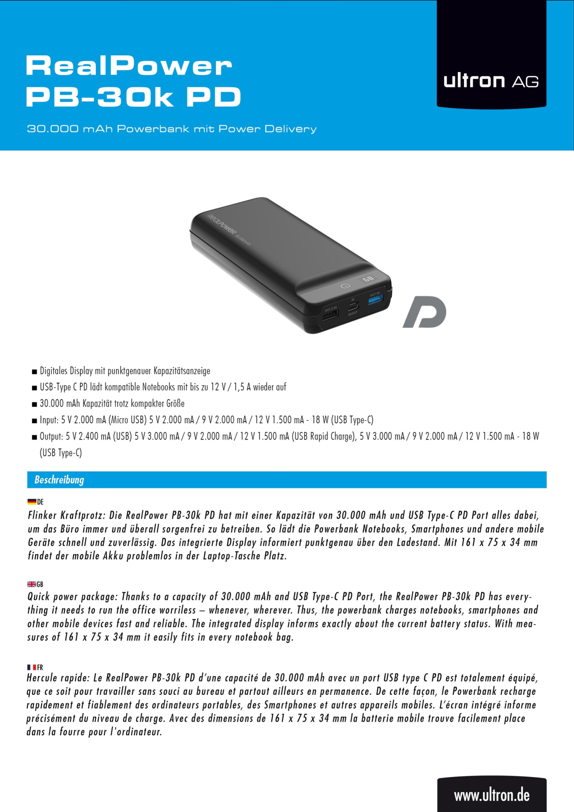 Ultron PB-30k PD User Manual