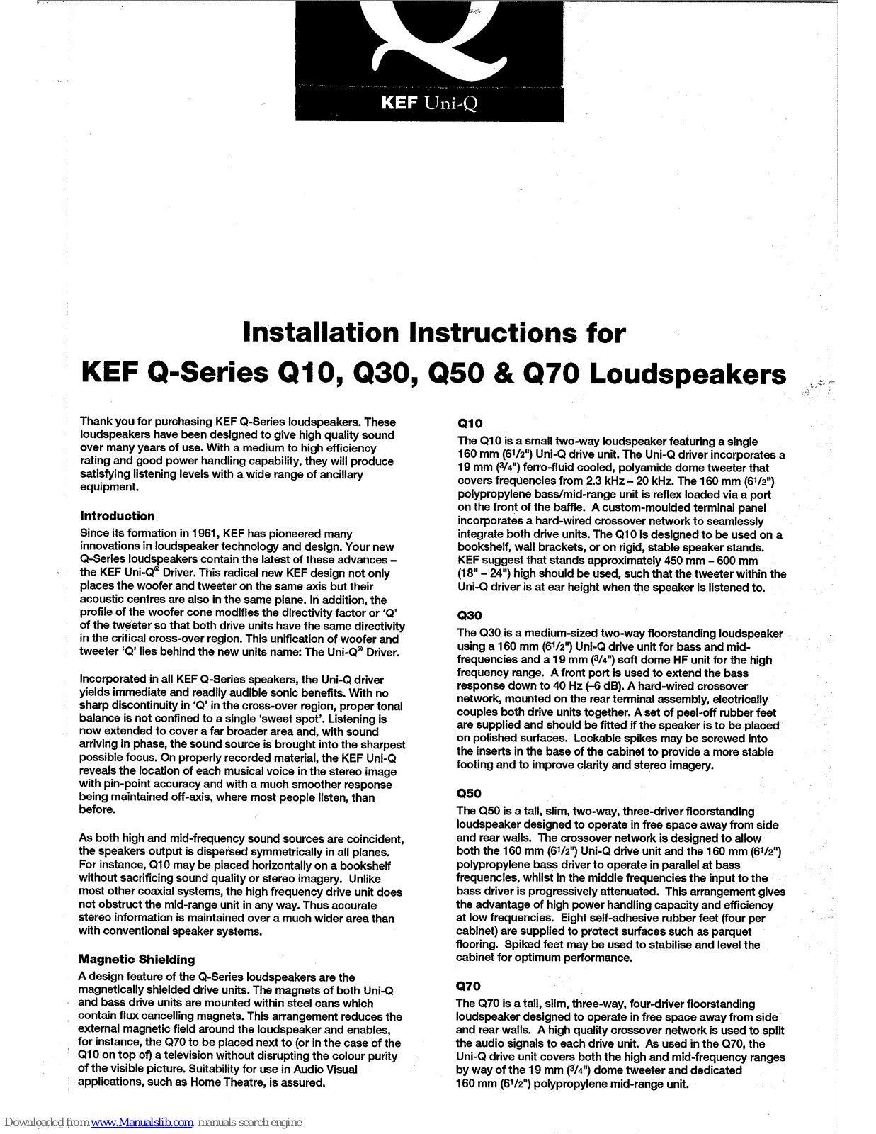 KEF Q10, Q30, Q50, Q70 Installation Instructions Manual