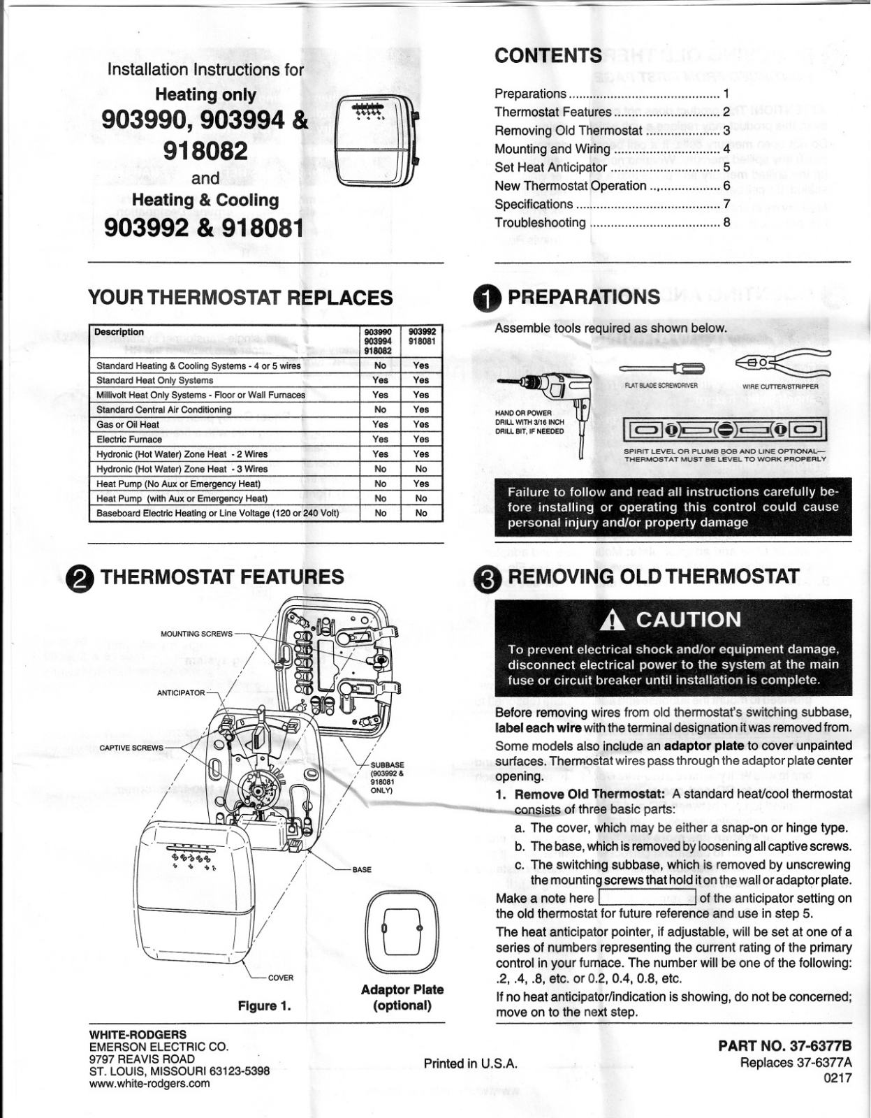 White Rodgers 903990, 903992, 918081, 903994, 918082 User Manual