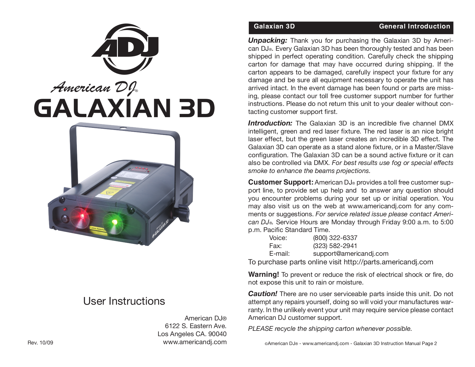 American DJ Galaxian 3D User Manual