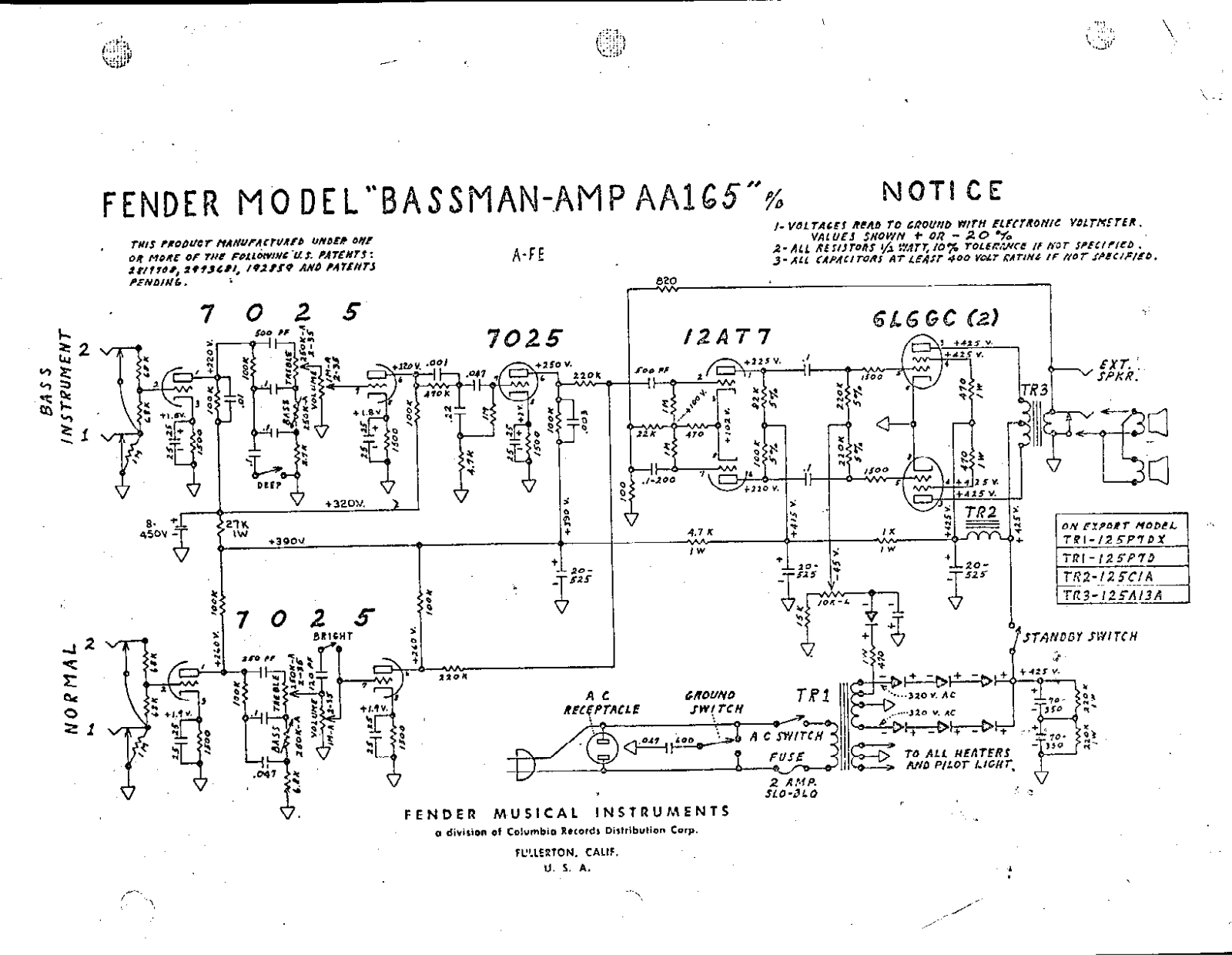 Fender AA165 Schematic