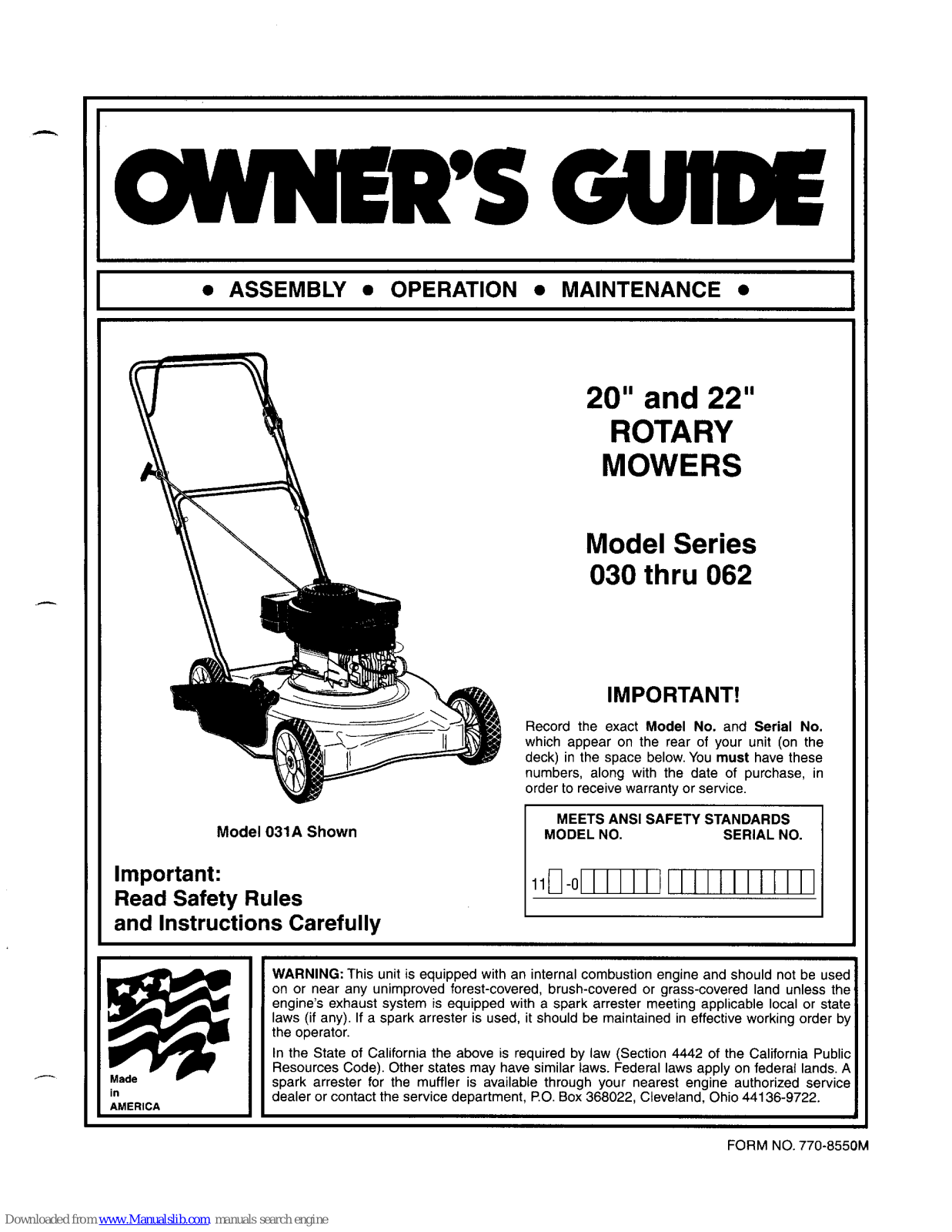 MTD 030 thru 062, 30, 62, 031A Owner's Manual