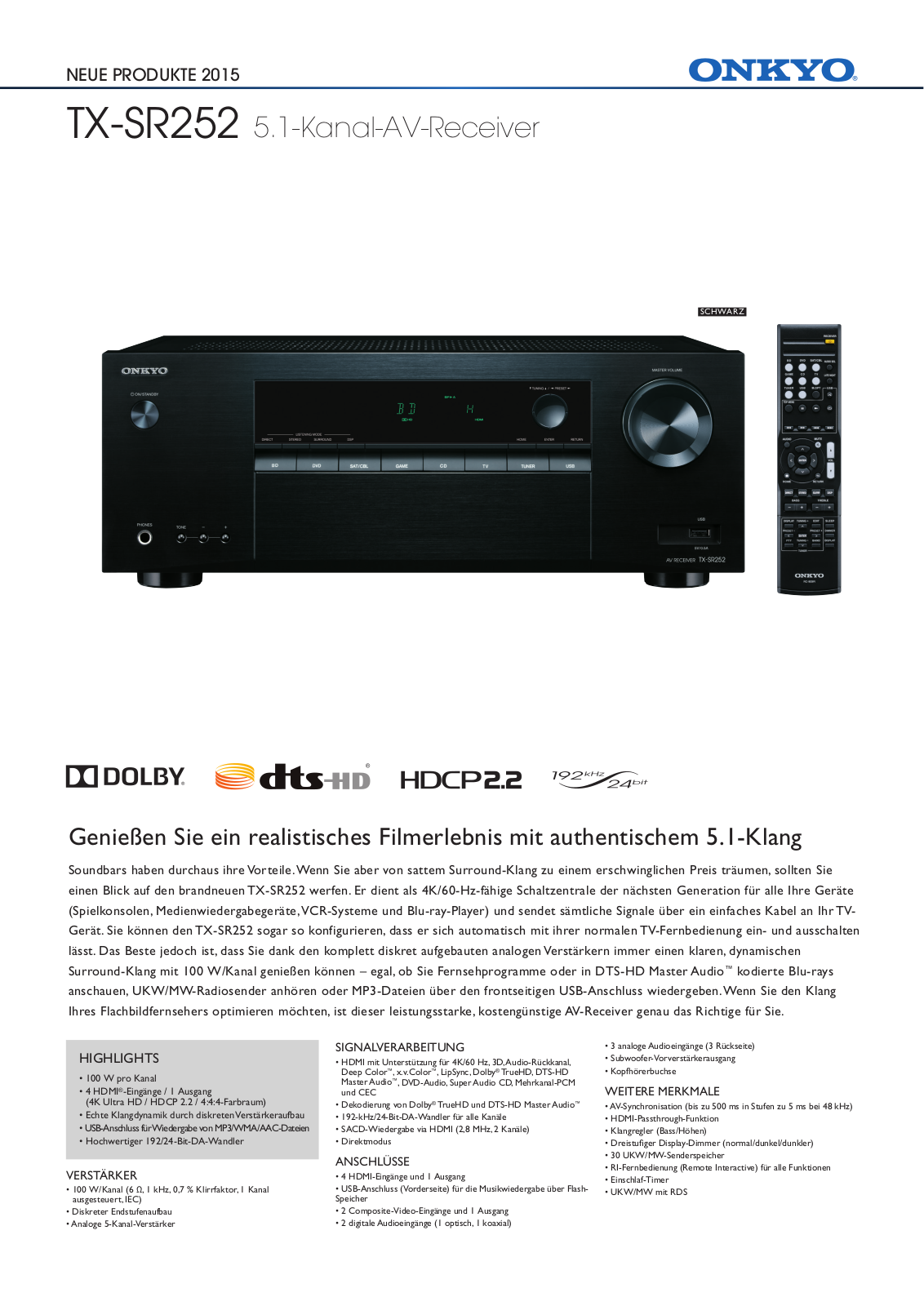 Onkyo TX-SR252 Technical data