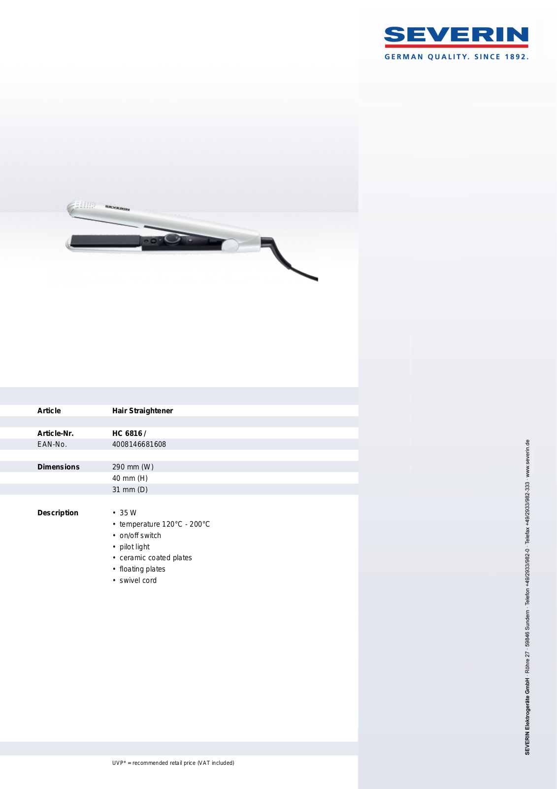 Severin HC 6816, HAIR STRAIGHTENER User Manual