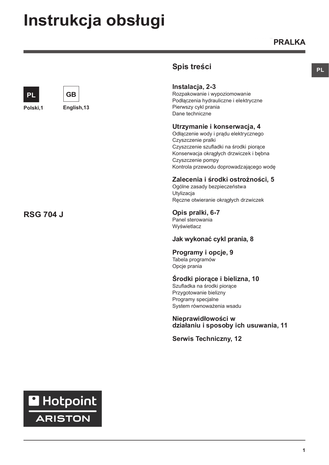 Hotpoint RSG 704 JS PL Operating Instructions