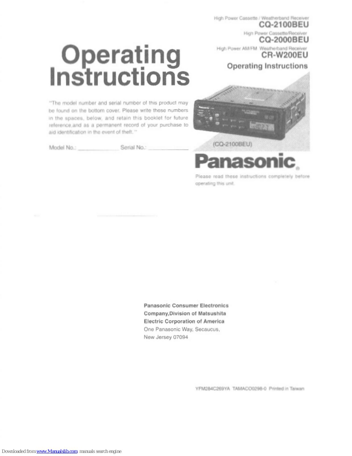 Panasonic CQ-2100BEU, CQ-2100EU, CR-W200EU, CQ-2000BEU Operating Instructions Manual