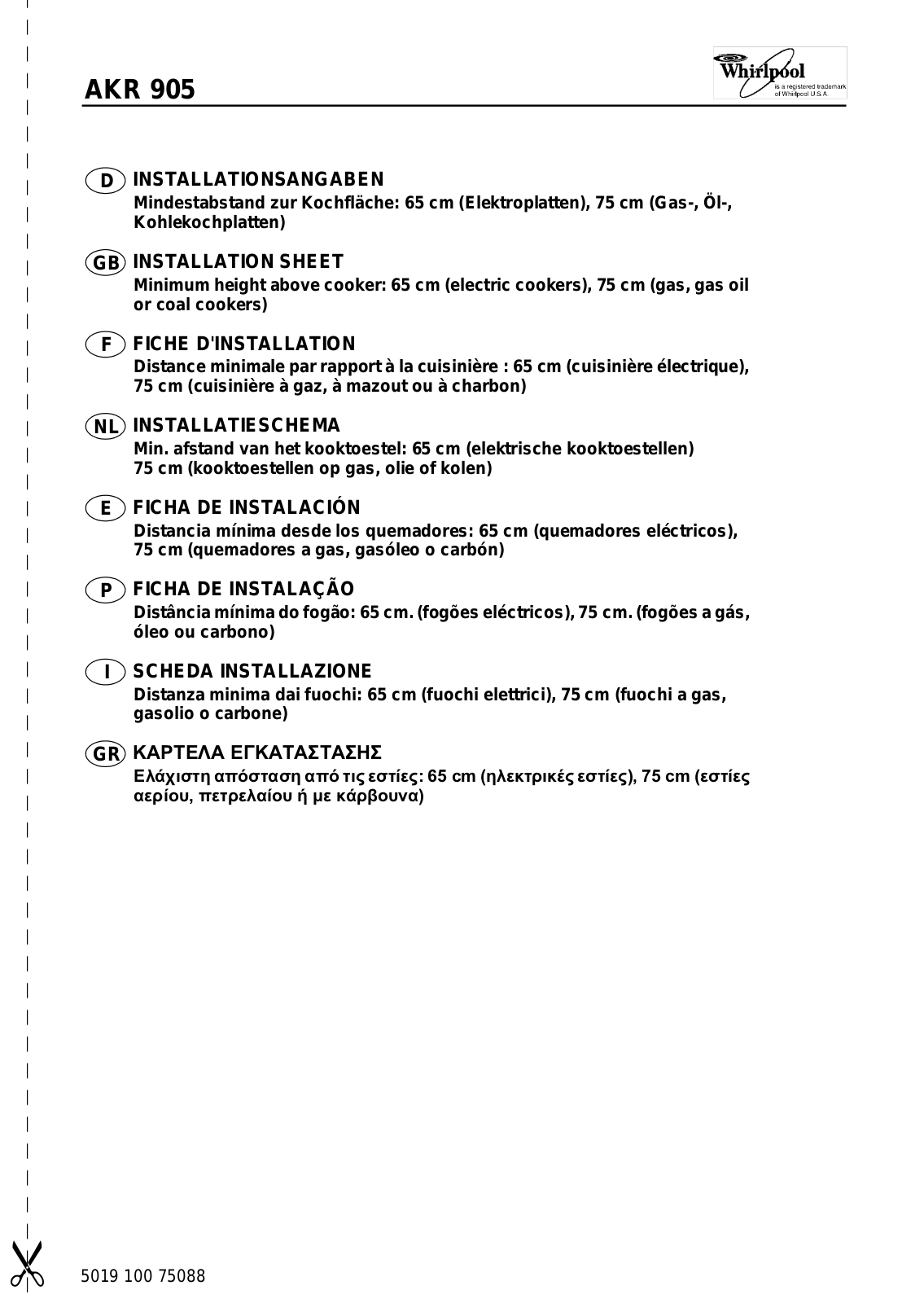 Whirlpool AKR 905 INSTALLATION INSTRUCTIONS