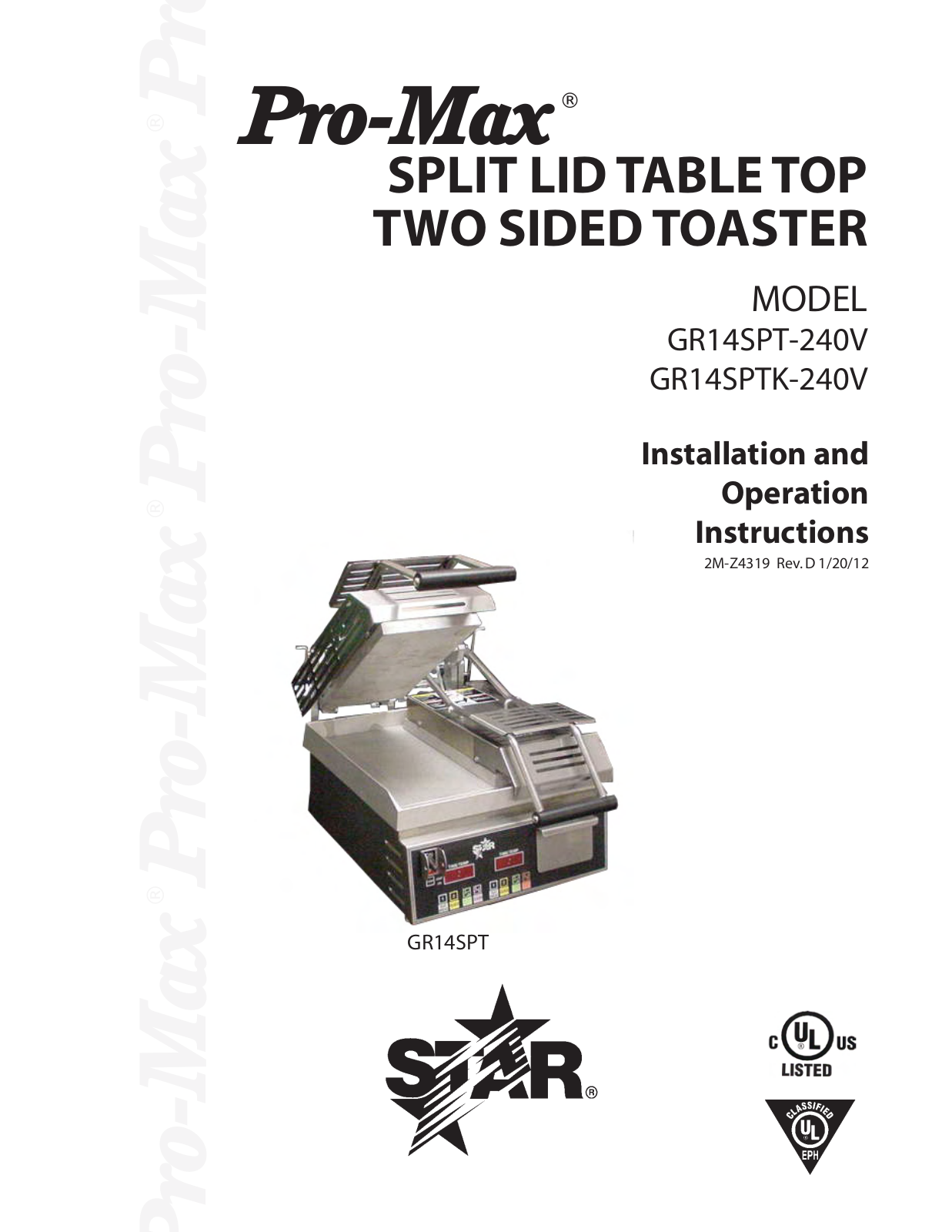 Star Manufacturing GR14SPT-240V Installation  Manual