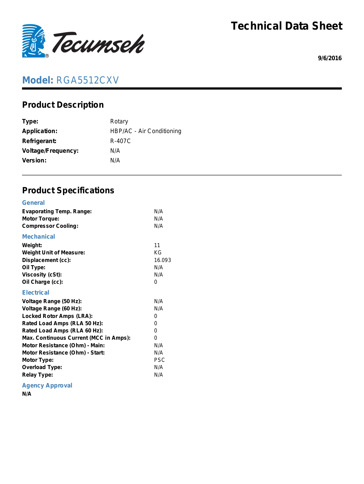 Tecumseh RGA5512CXV User Manual