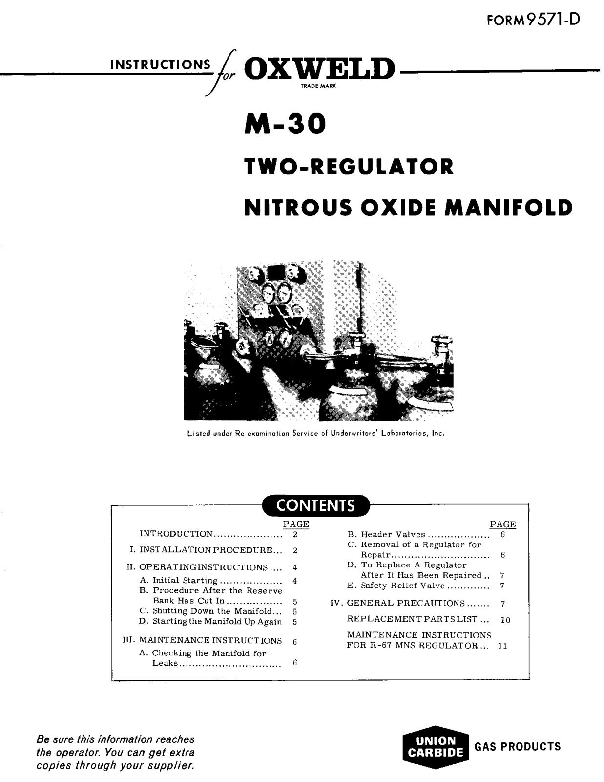 UNION CARBIDE OXWELD M-30 Two-Regulator Nitrous Oxide Manifold Troubleshooting instruction