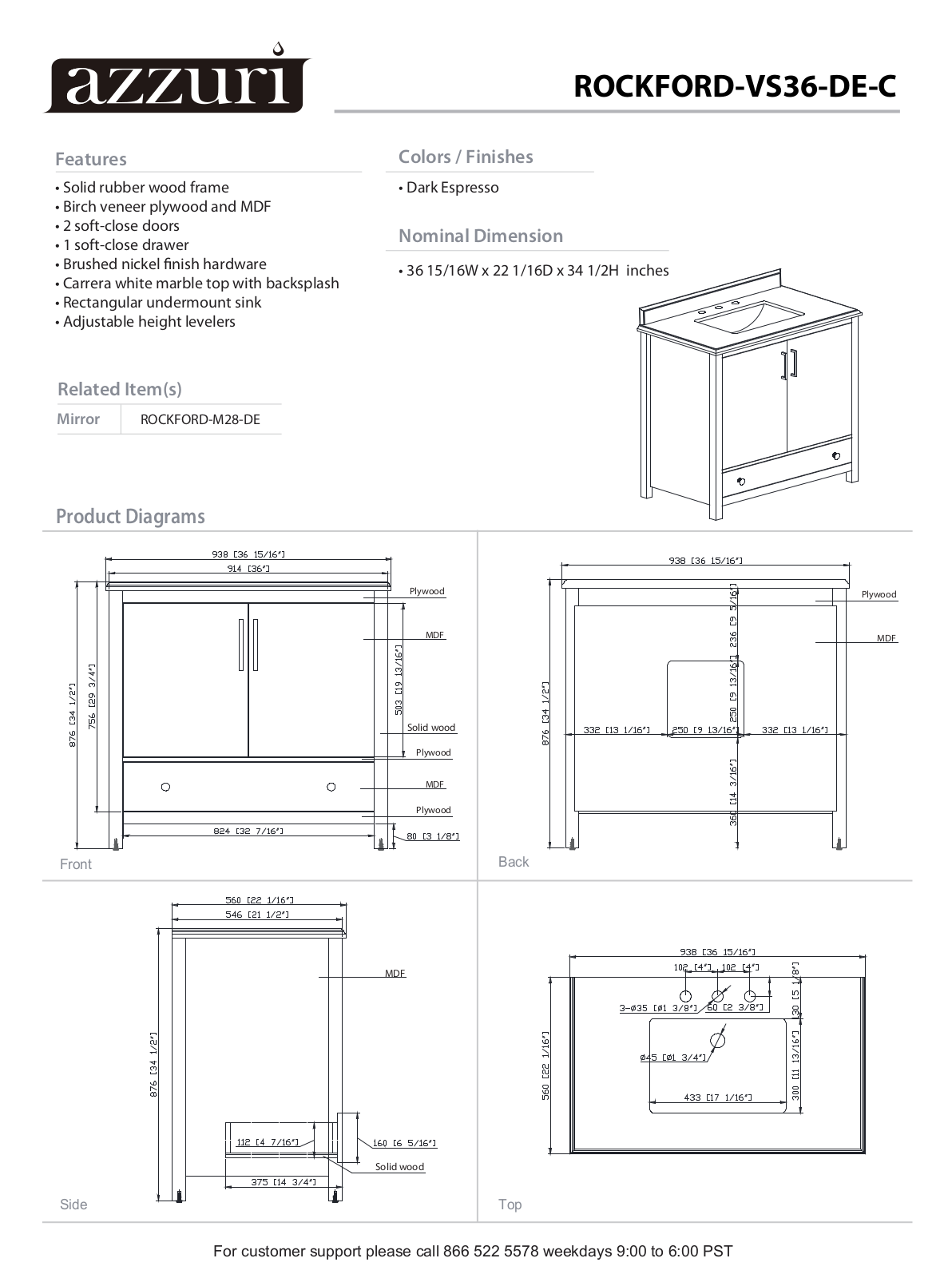 Azzuri ROCKFORDVS36DEC Specifications