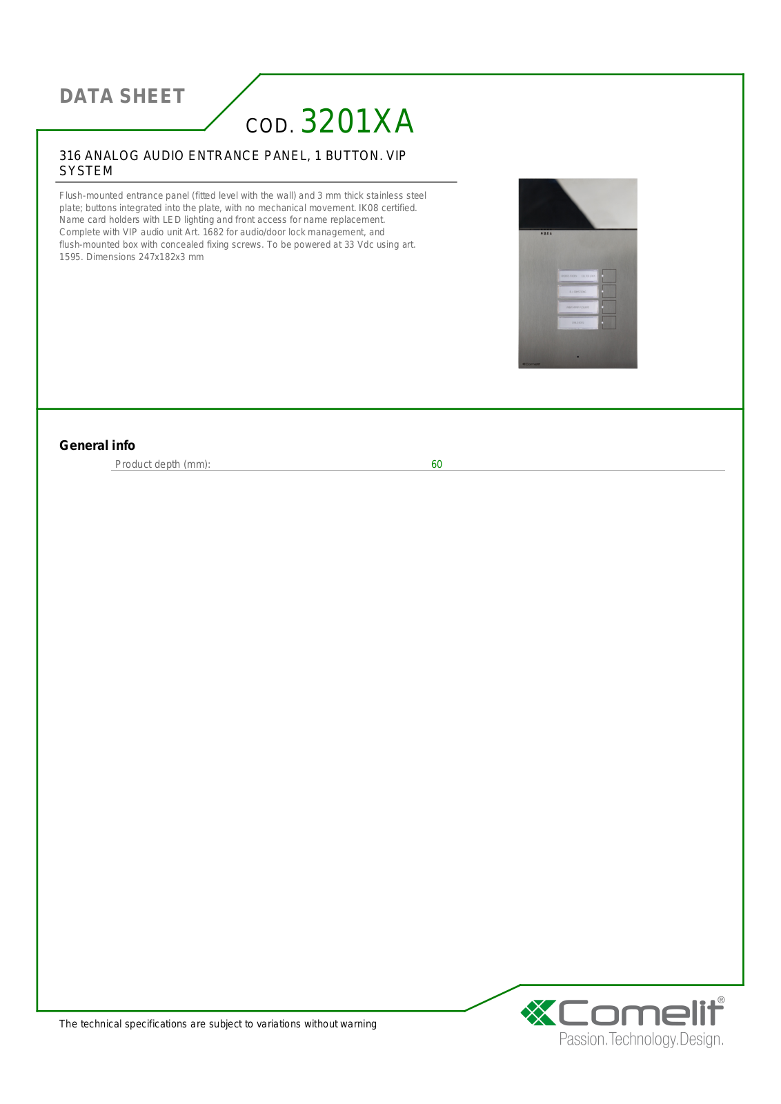 Comelit 3201XA Specsheet