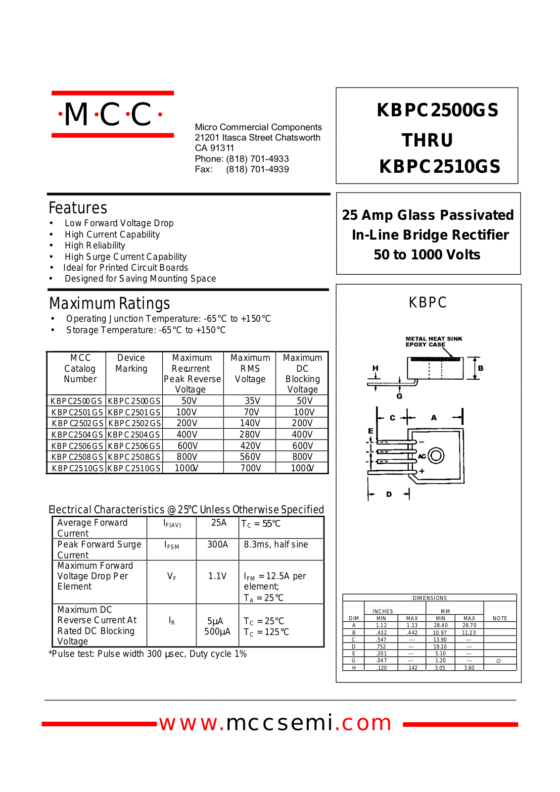 MCC KBPC250AGS, KBPC2506GS, KBPC2504GS, KBPC2508GS, KBPC2500GS Datasheet