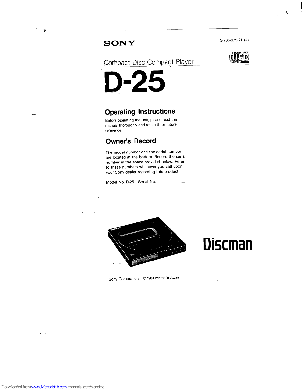 Sony Discman D-25 Operating Instructions Manual