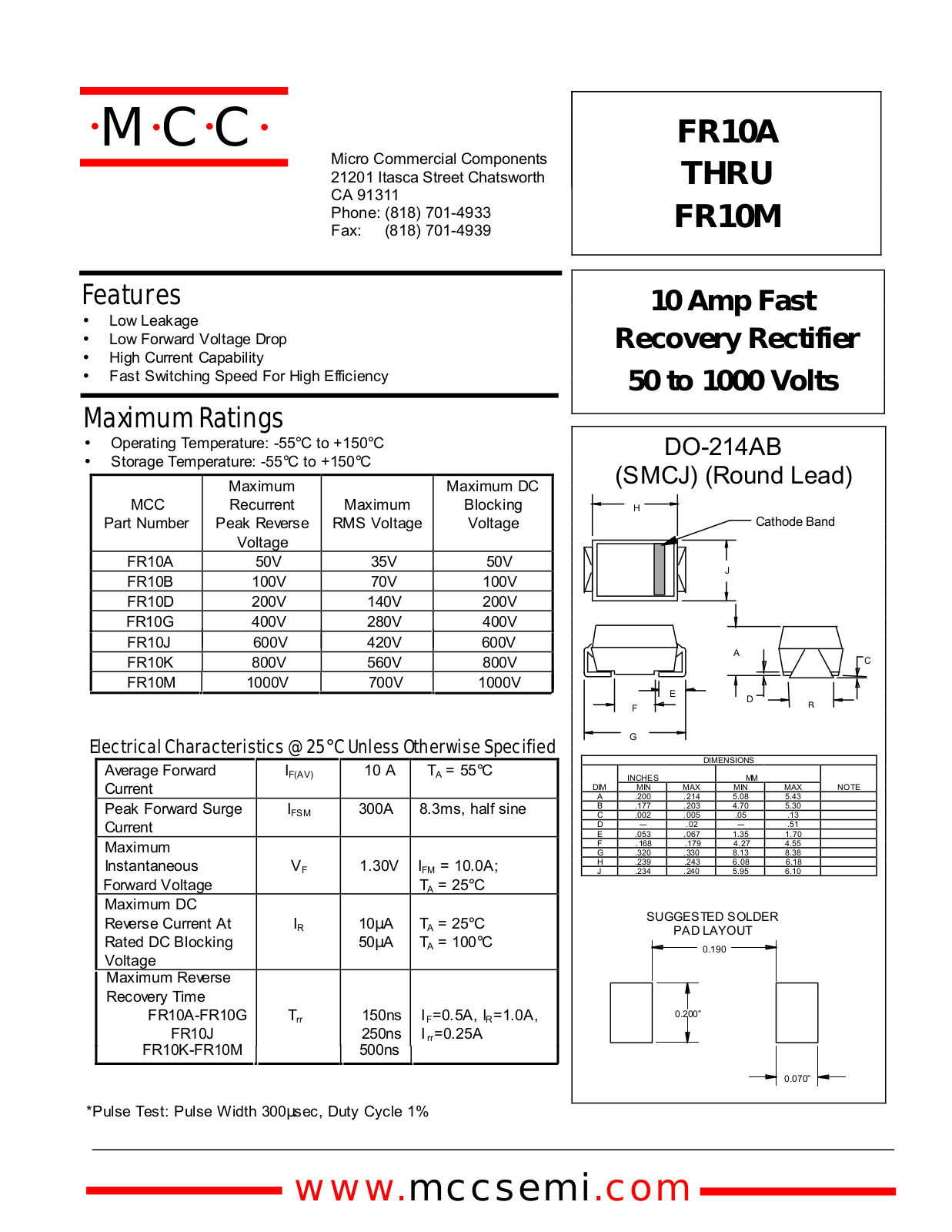 MCC FR10B, FR10D, FR10A, FR10K, FR10M Datasheet