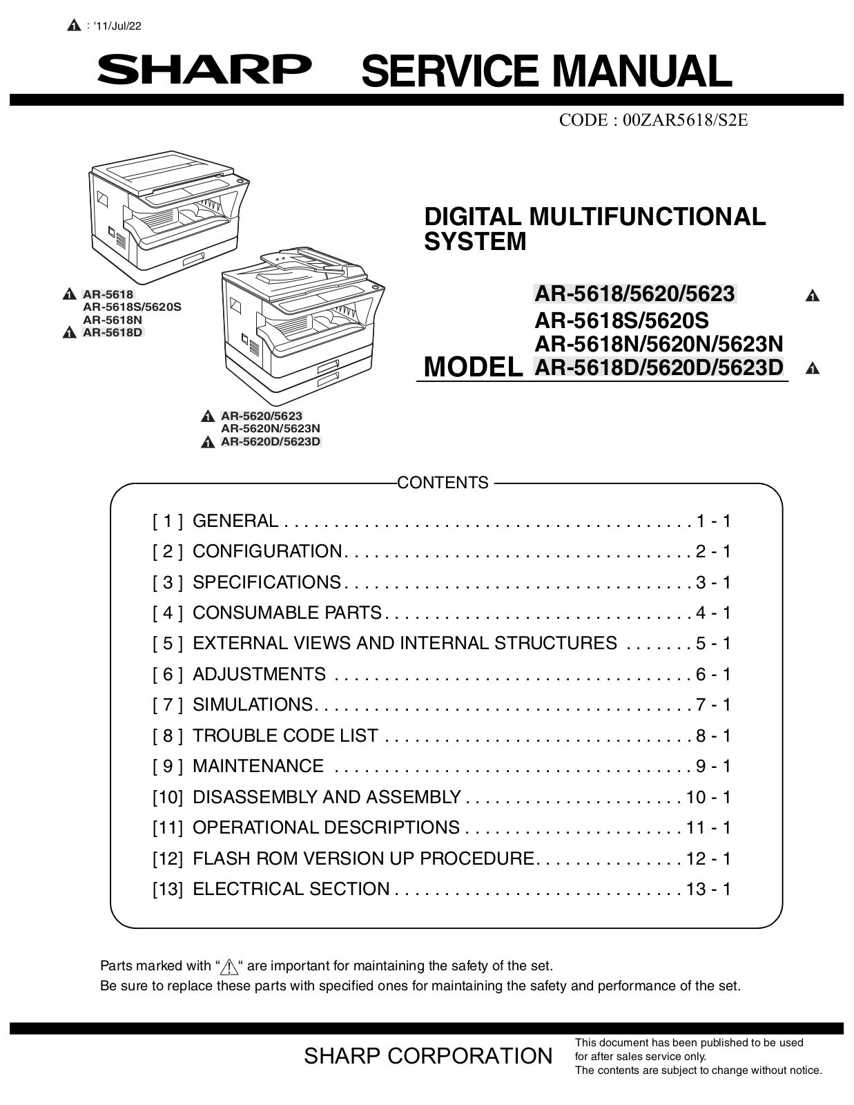 Sharp AR 5618, AR 5620, AR 5623 Service Manual